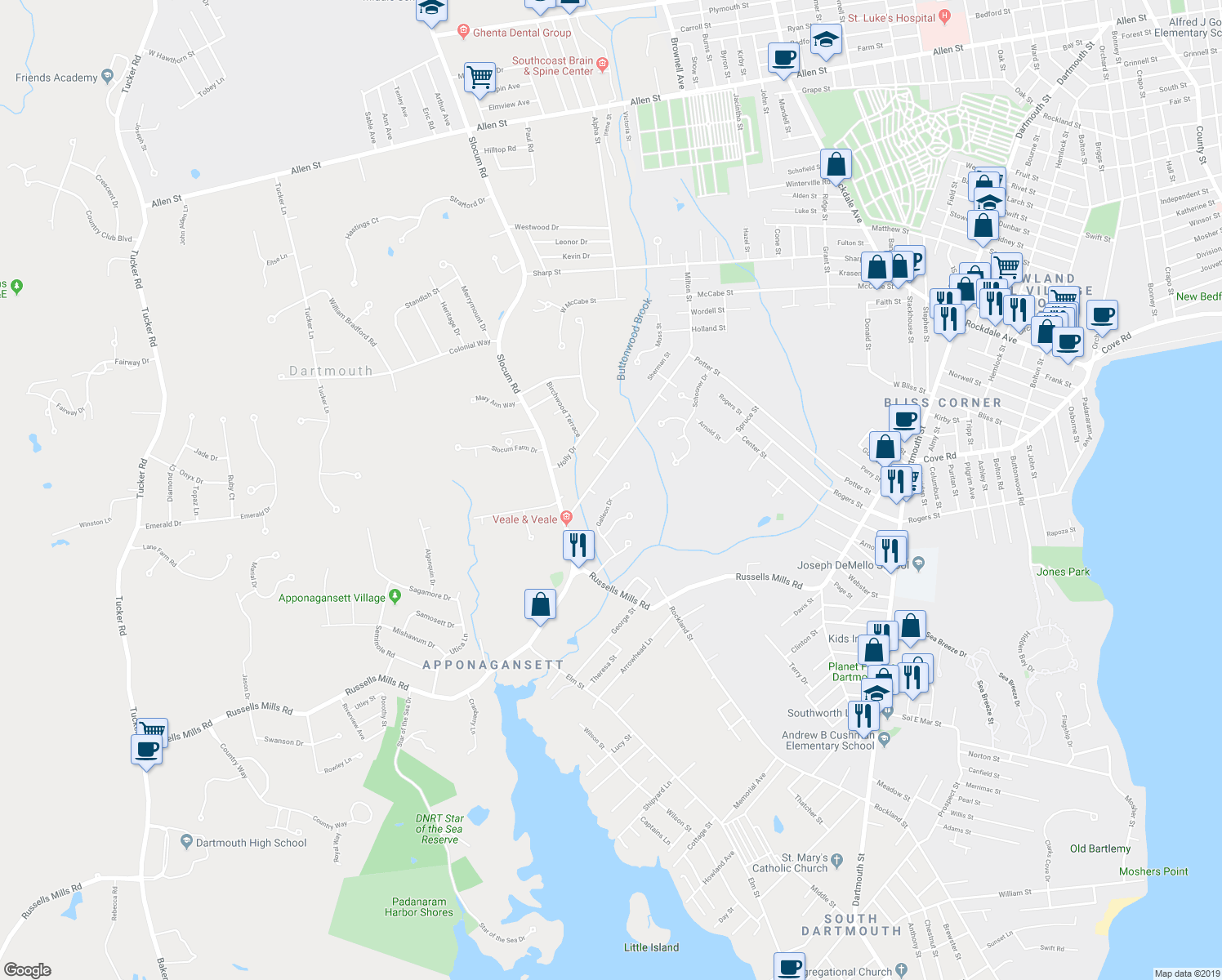map of restaurants, bars, coffee shops, grocery stores, and more near 22 Galleon Drive in Dartmouth