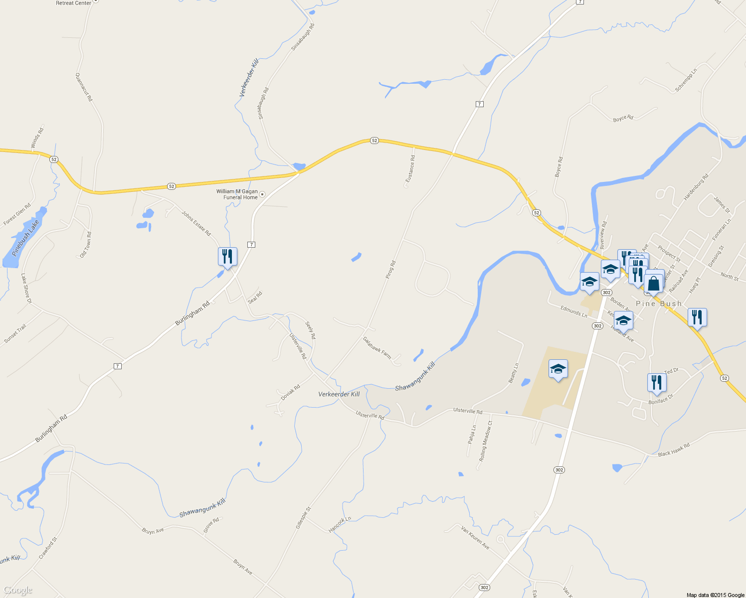 map of restaurants, bars, coffee shops, grocery stores, and more near 152 Pirog Road in Pine Bush