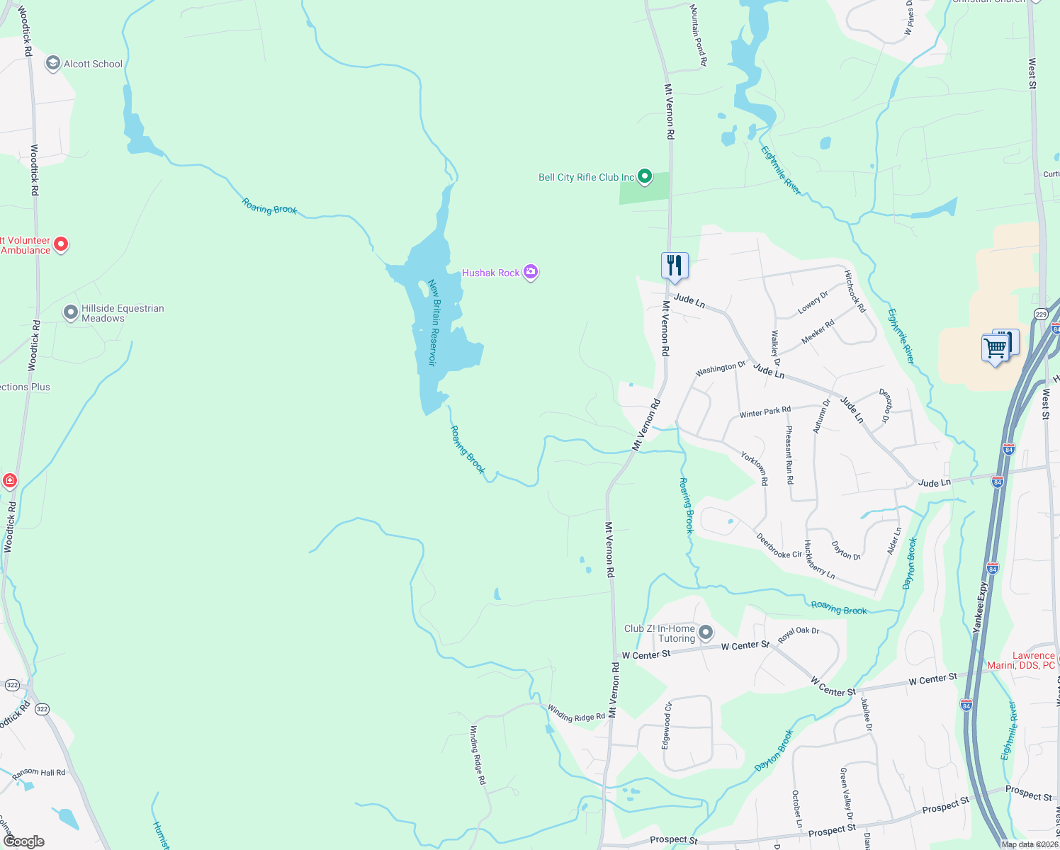map of restaurants, bars, coffee shops, grocery stores, and more near 201 Cascade Ridge in Southington