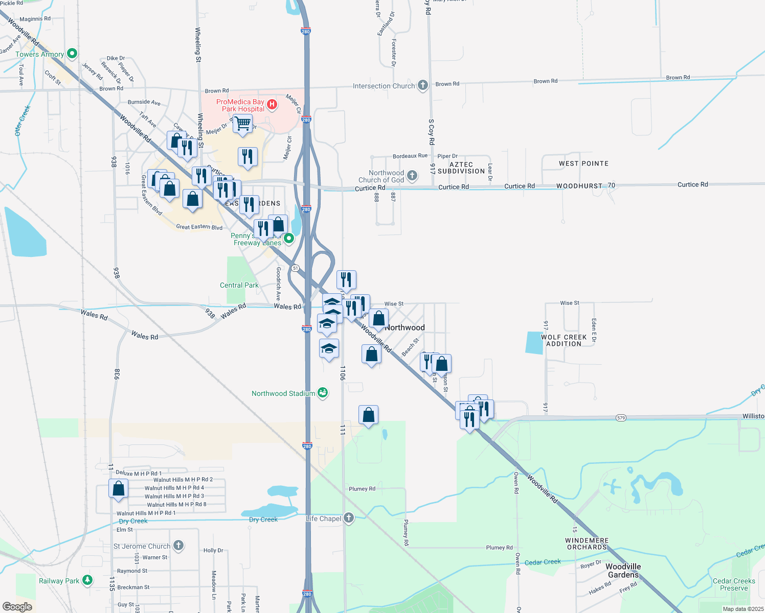 map of restaurants, bars, coffee shops, grocery stores, and more near 206 George St in Northwood