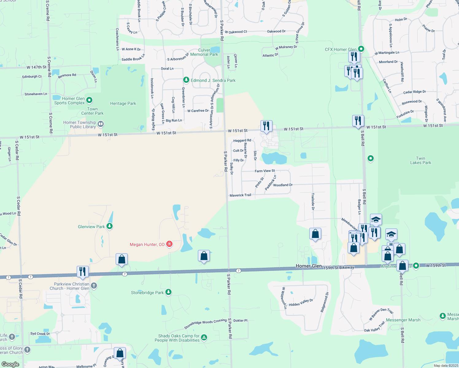 map of restaurants, bars, coffee shops, grocery stores, and more near 15402 Sulky Drive in Homer Glen