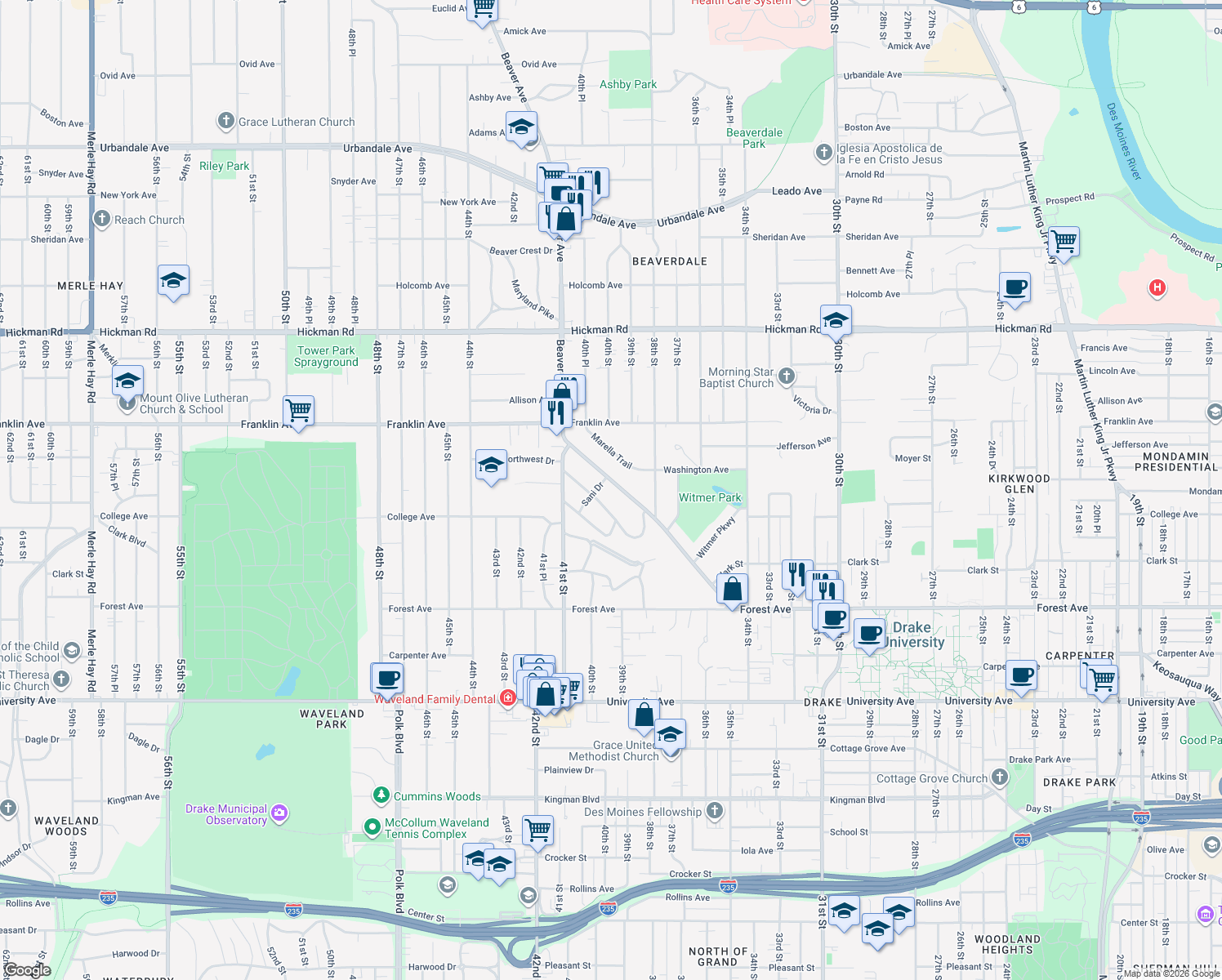 map of restaurants, bars, coffee shops, grocery stores, and more near 1652 Beaver Avenue in Des Moines
