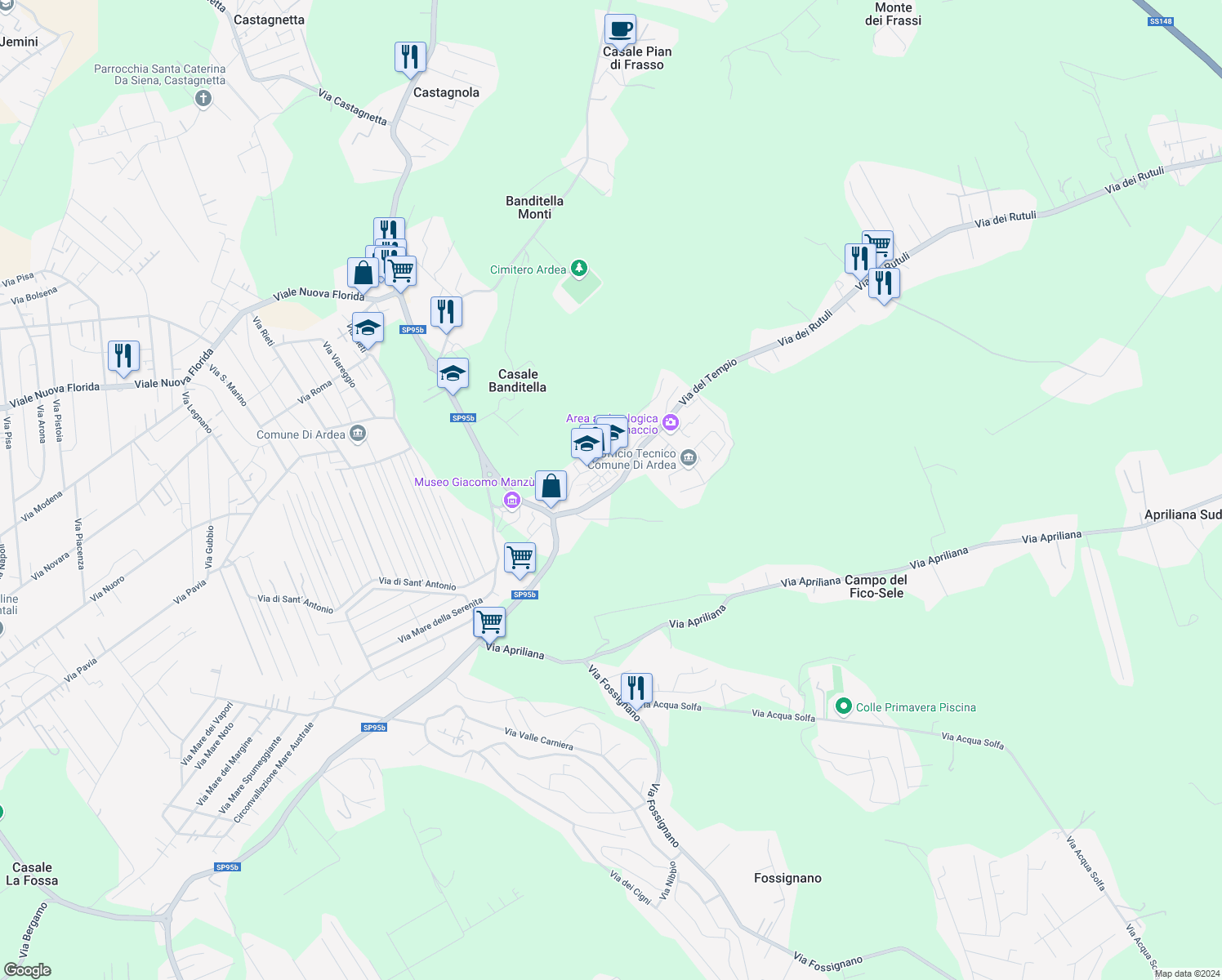 map of restaurants, bars, coffee shops, grocery stores, and more near Via Rutuli in Ardea