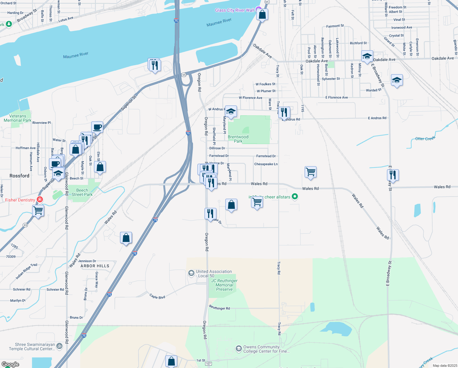 map of restaurants, bars, coffee shops, grocery stores, and more near 7321 Wales Rd in Northwood