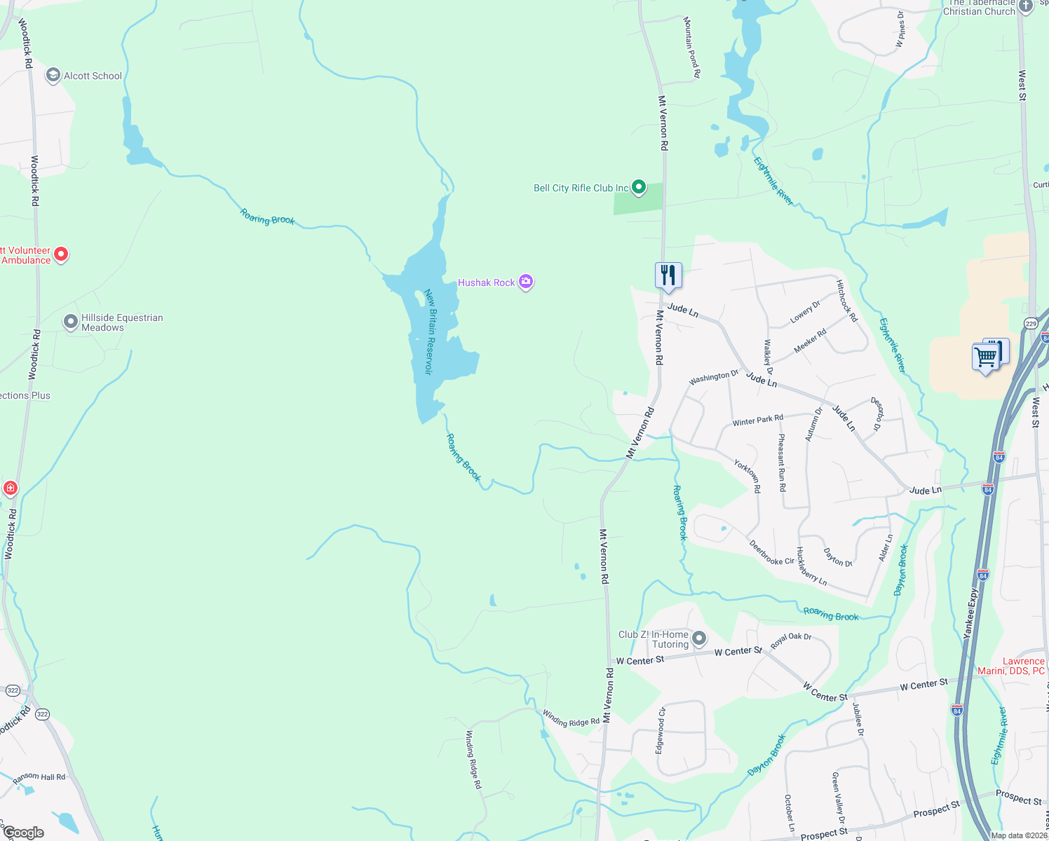 map of restaurants, bars, coffee shops, grocery stores, and more near 201 Cascade Ridge in Southington