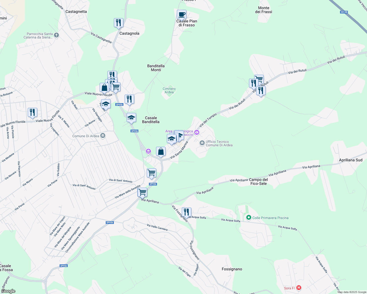 map of restaurants, bars, coffee shops, grocery stores, and more near Via dei Rutuli in Ardea