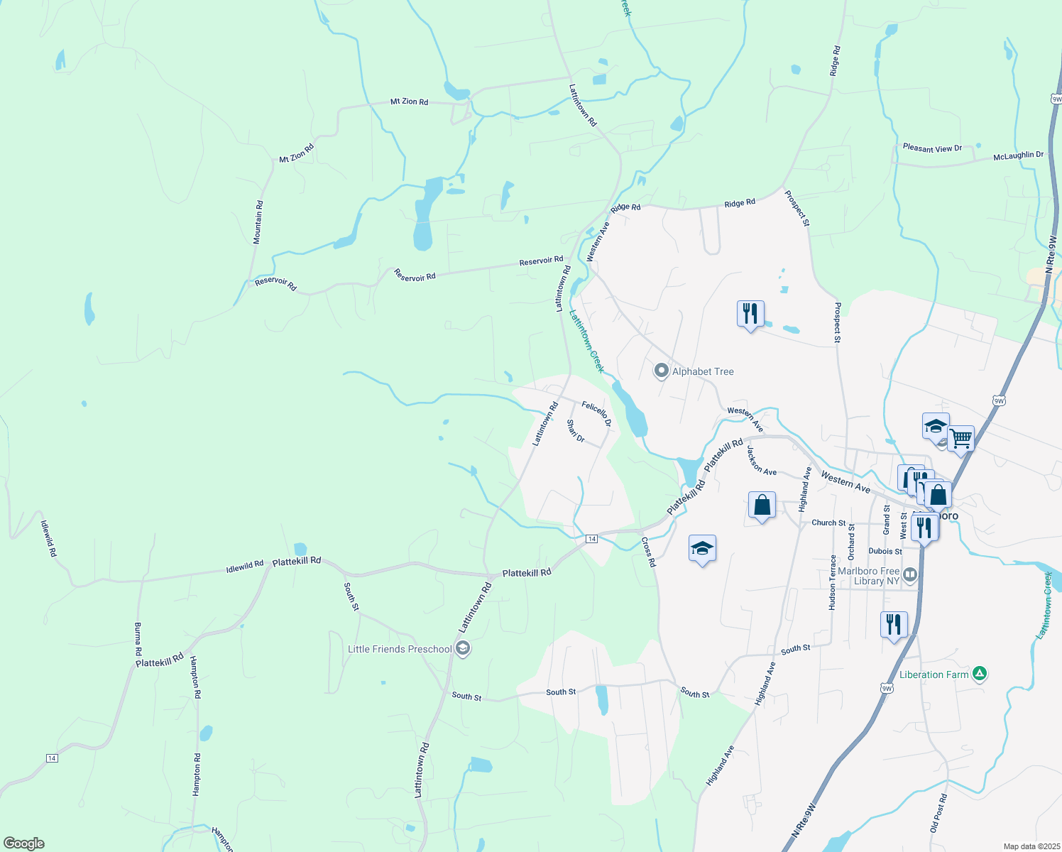 map of restaurants, bars, coffee shops, grocery stores, and more near 413 Lattintown Rd in Marlboro