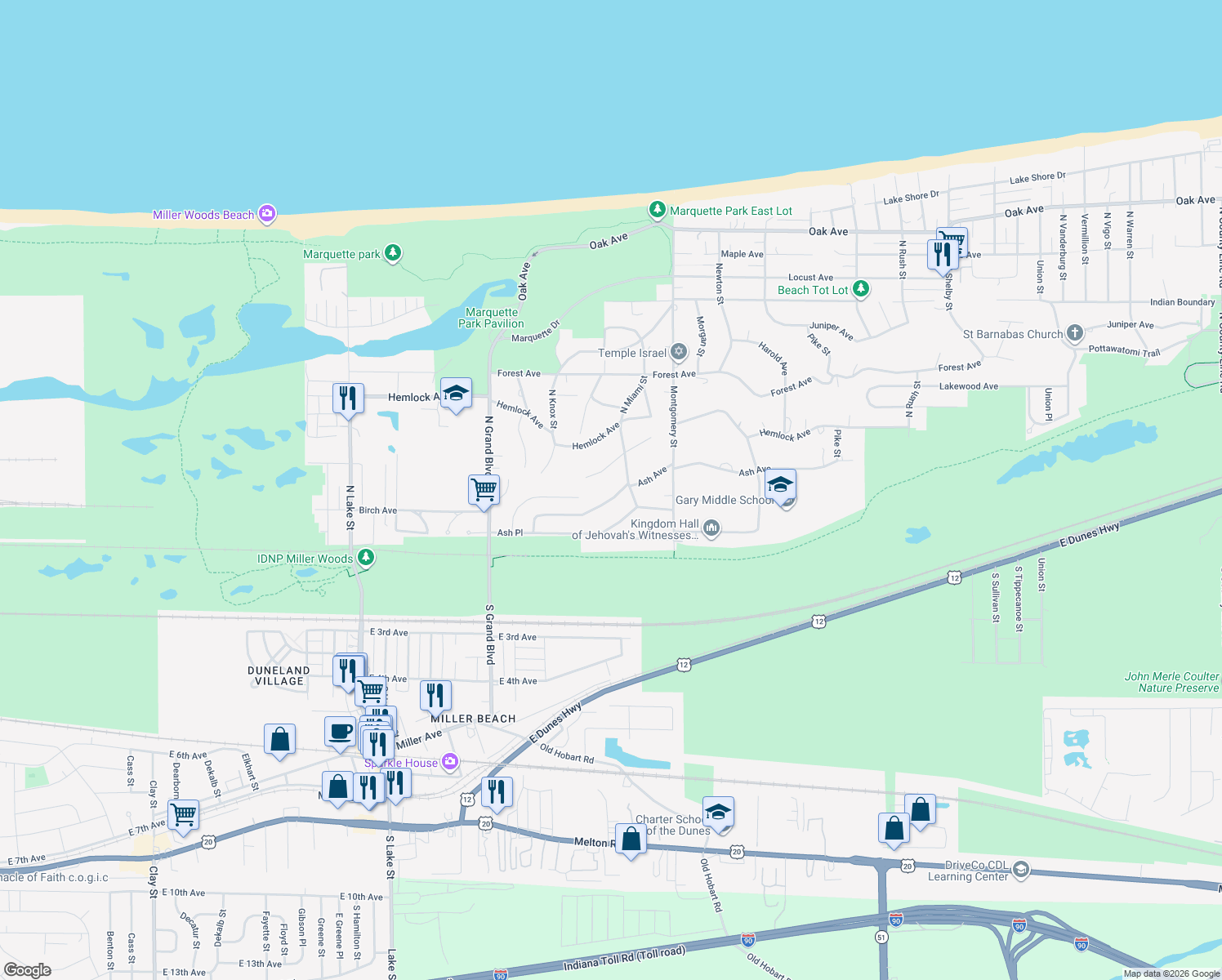 map of restaurants, bars, coffee shops, grocery stores, and more near 6960 Ash Ave in Gary