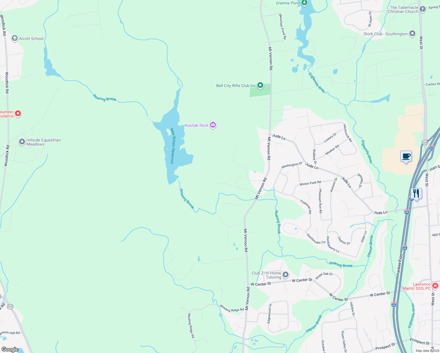 map of restaurants, bars, coffee shops, grocery stores, and more near 154 Cascade Ridge in Southington