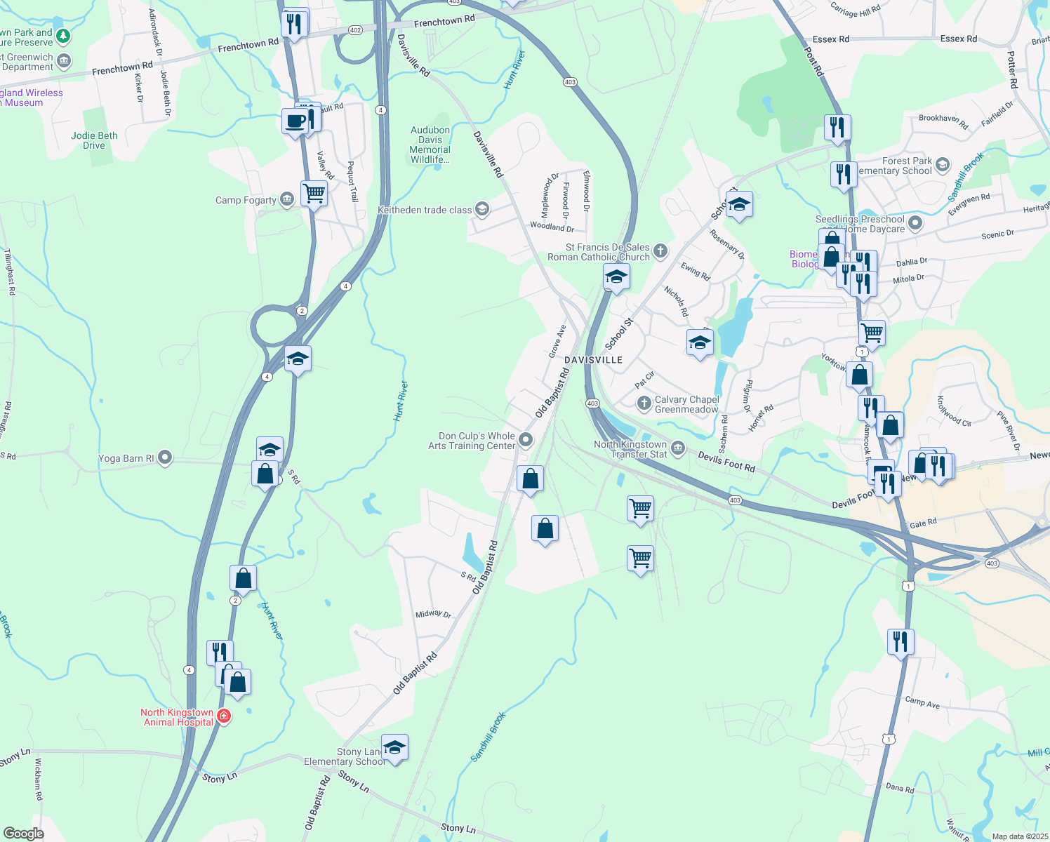 map of restaurants, bars, coffee shops, grocery stores, and more near 171 Old Baptist Road in North Kingstown