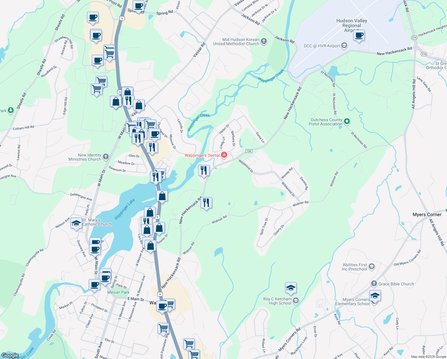 map of restaurants, bars, coffee shops, grocery stores, and more near 104 New Hackensack Rd in Wappingers Falls