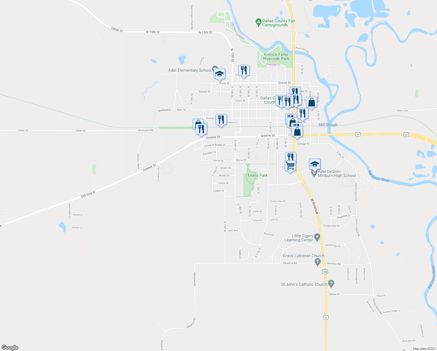 map of restaurants, bars, coffee shops, grocery stores, and more near 1523 Maple Drive in Adel