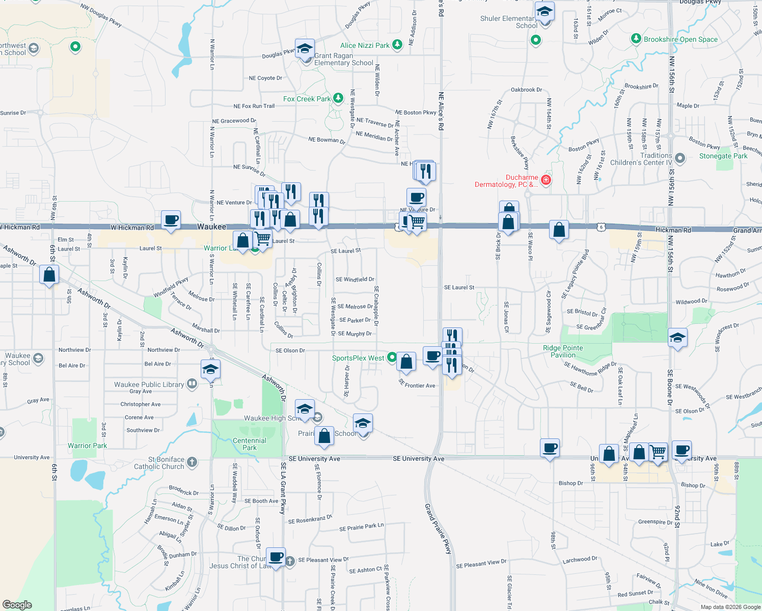map of restaurants, bars, coffee shops, grocery stores, and more near 515 Southeast Crabapple Drive in Waukee