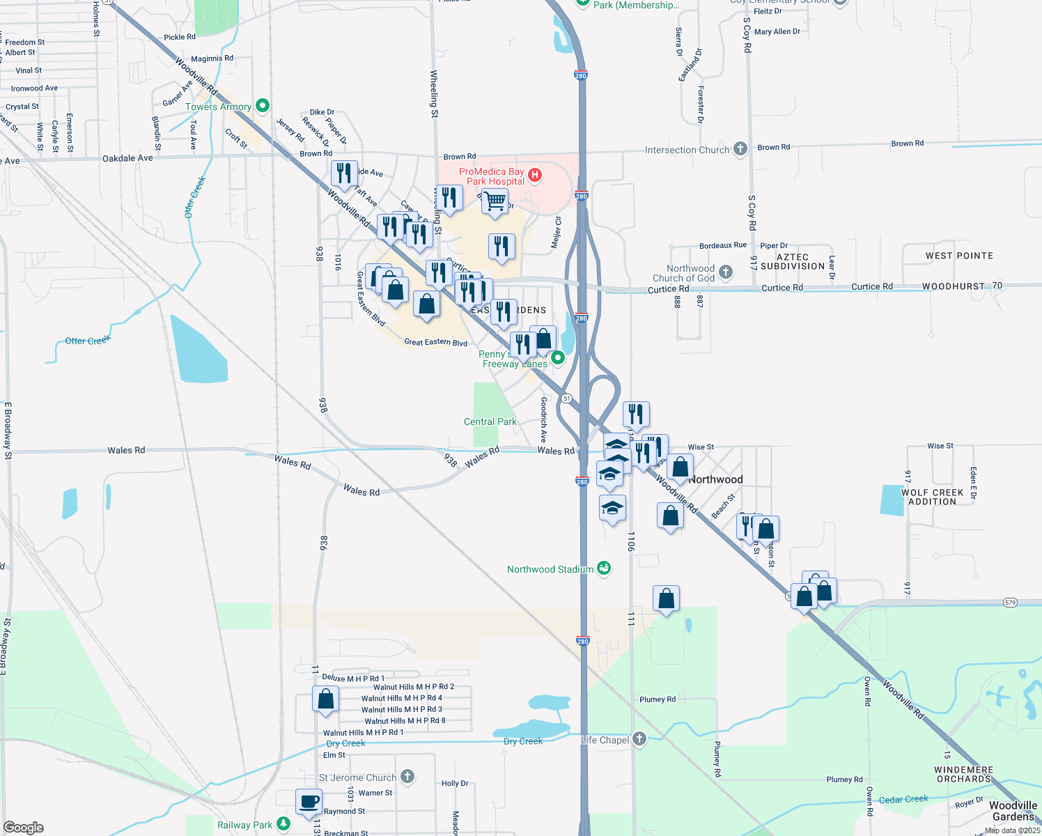 map of restaurants, bars, coffee shops, grocery stores, and more near 320 Flag Street in Northwood