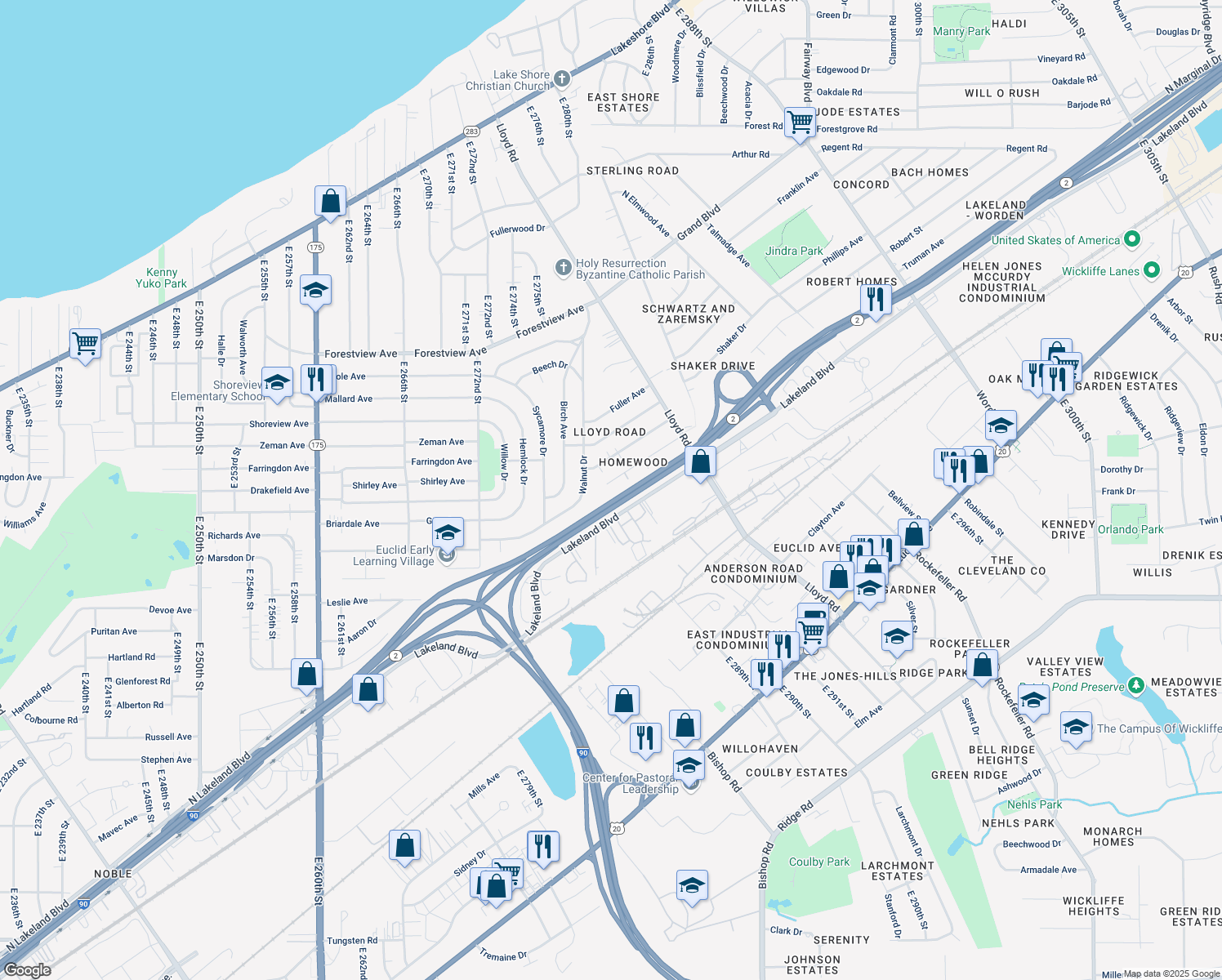 map of restaurants, bars, coffee shops, grocery stores, and more near 28954 Homewood Drive in Wickliffe