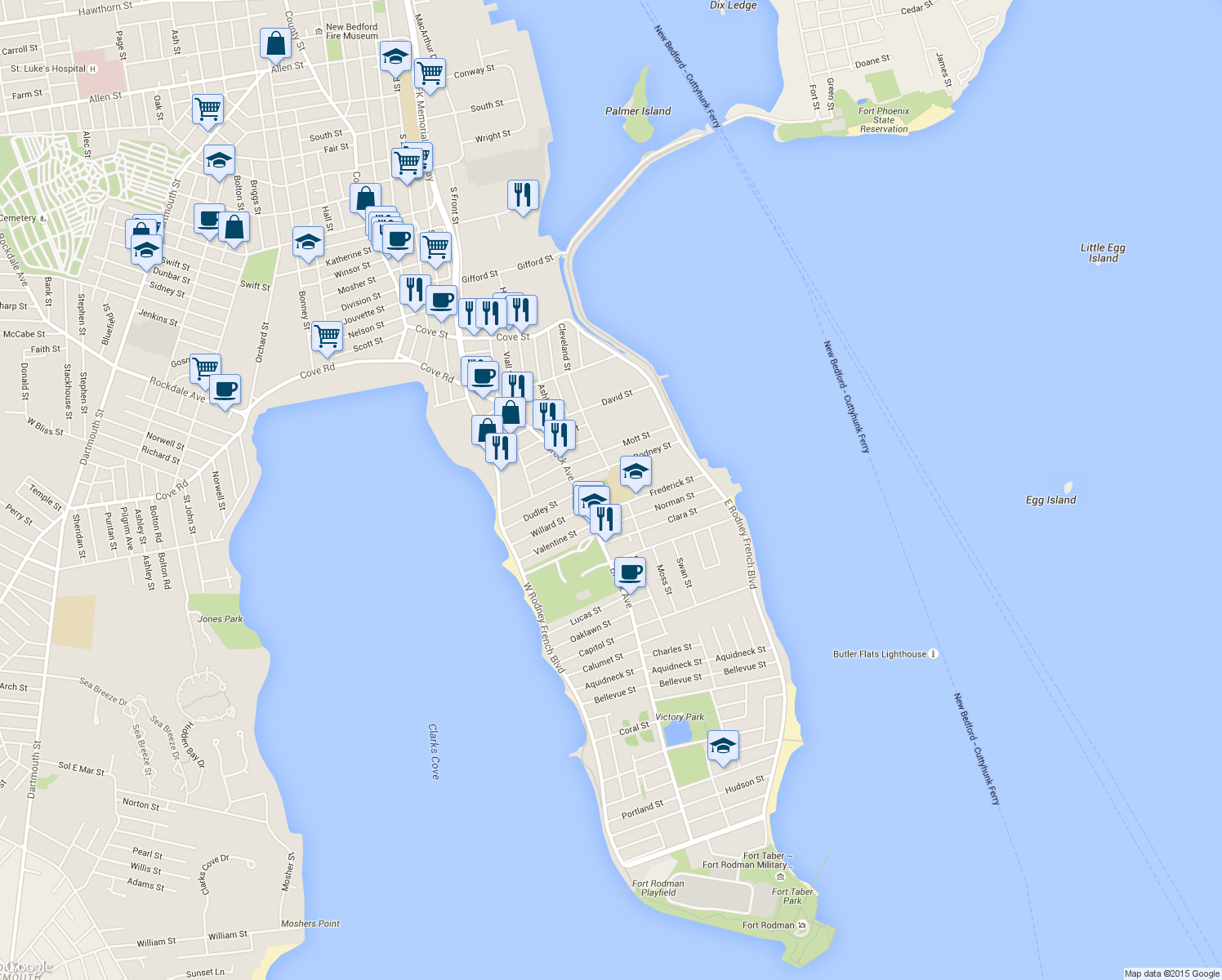 map of restaurants, bars, coffee shops, grocery stores, and more near 119 Frederick Street in New Bedford