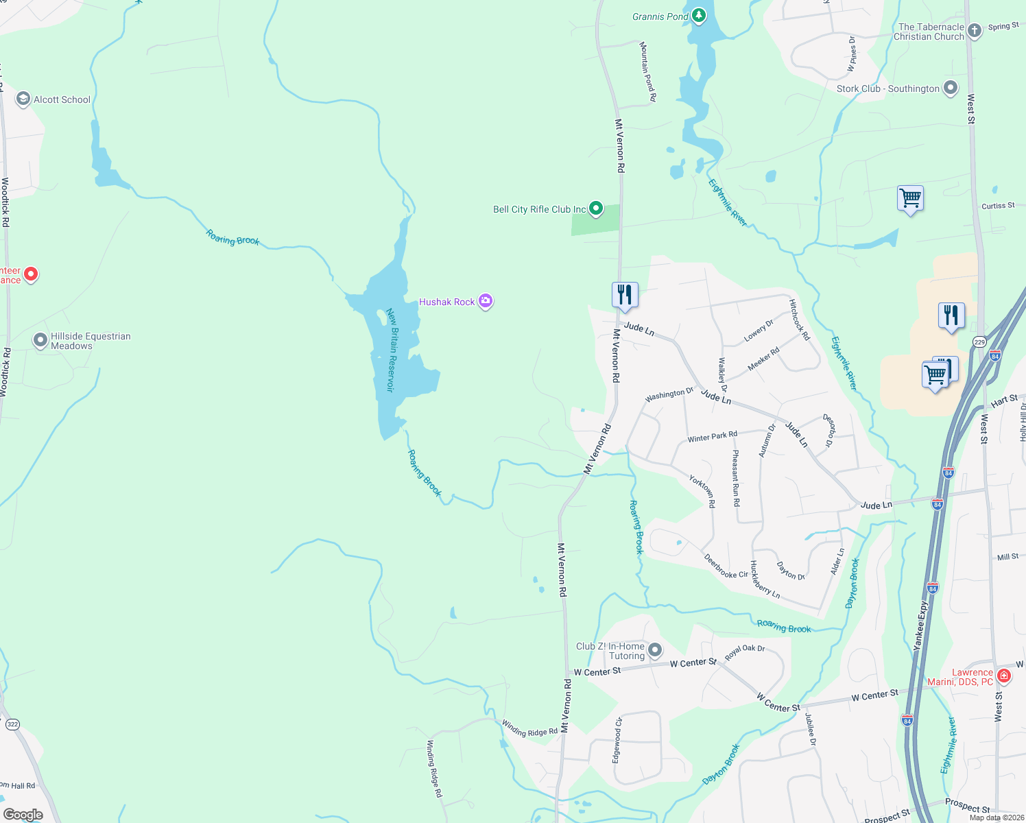 map of restaurants, bars, coffee shops, grocery stores, and more near 154 Cascade Ridge in Southington