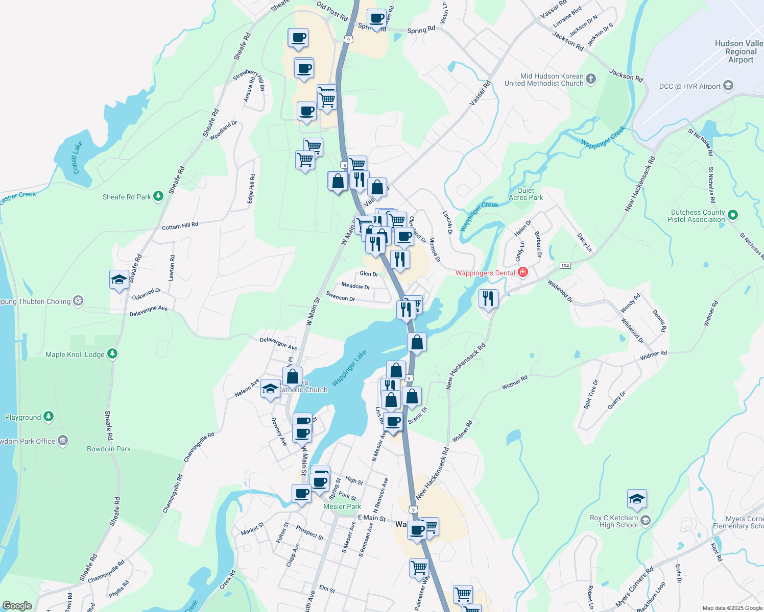 map of restaurants, bars, coffee shops, grocery stores, and more near 40 Swenson Drive in Wappingers Falls