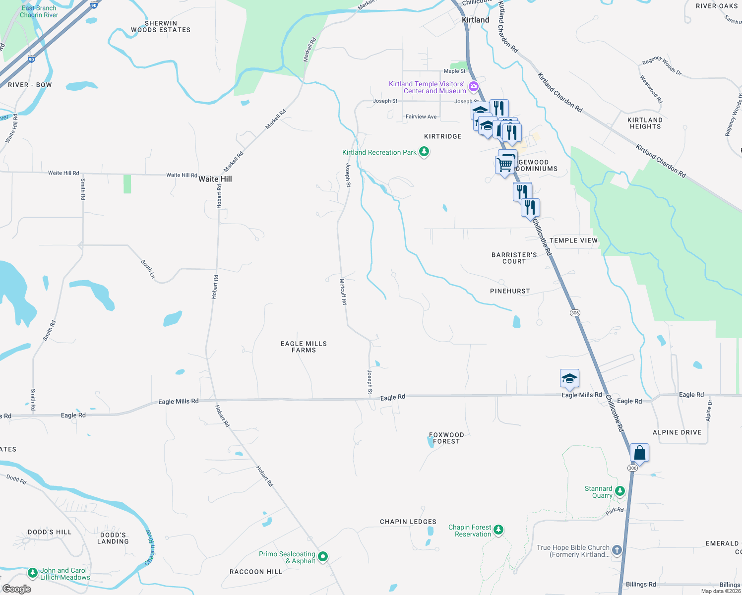 map of restaurants, bars, coffee shops, grocery stores, and more near 9561 Metcalf Rd in Waite Hill