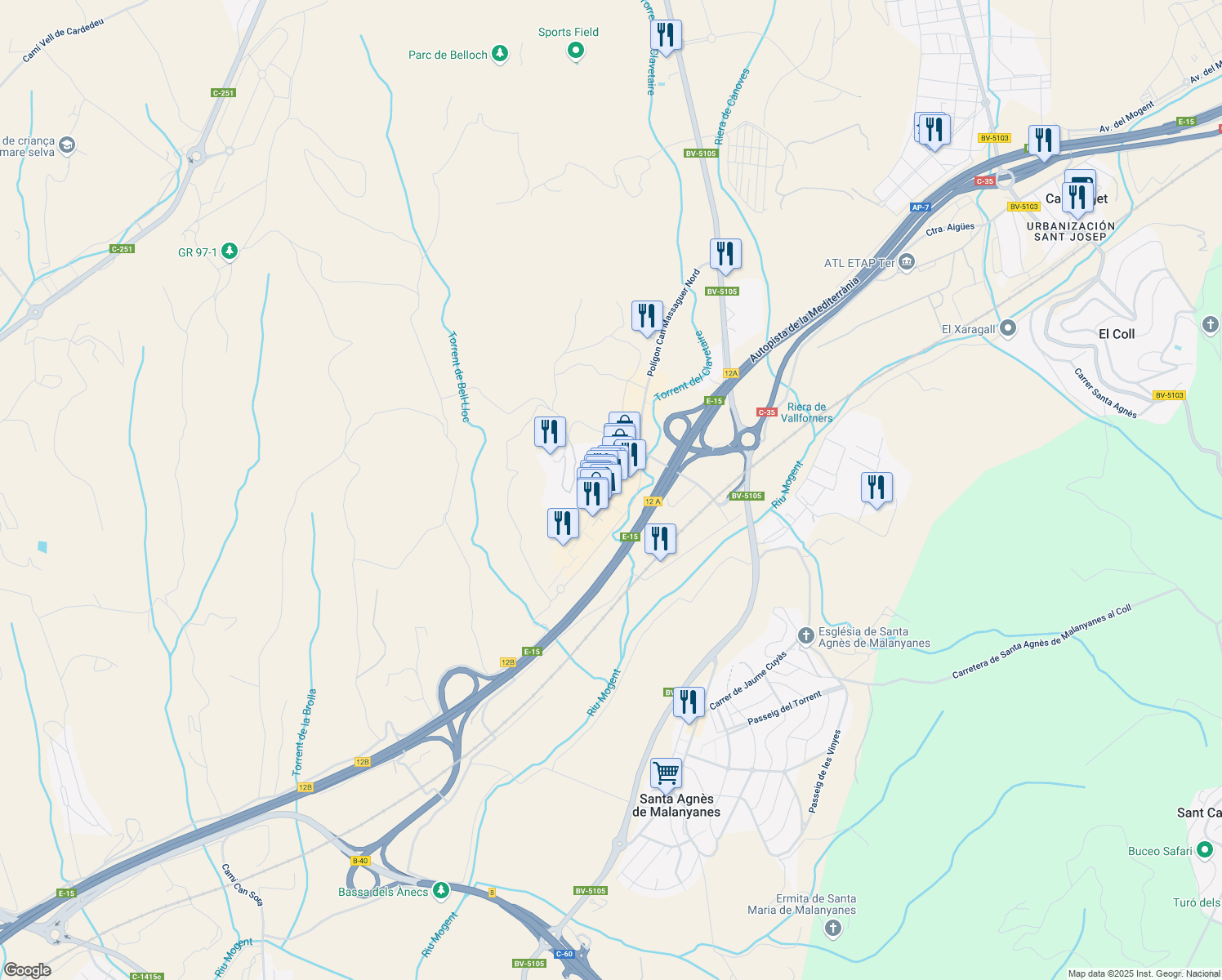 map of restaurants, bars, coffee shops, grocery stores, and more near in Santa Agnès de Malanyanes