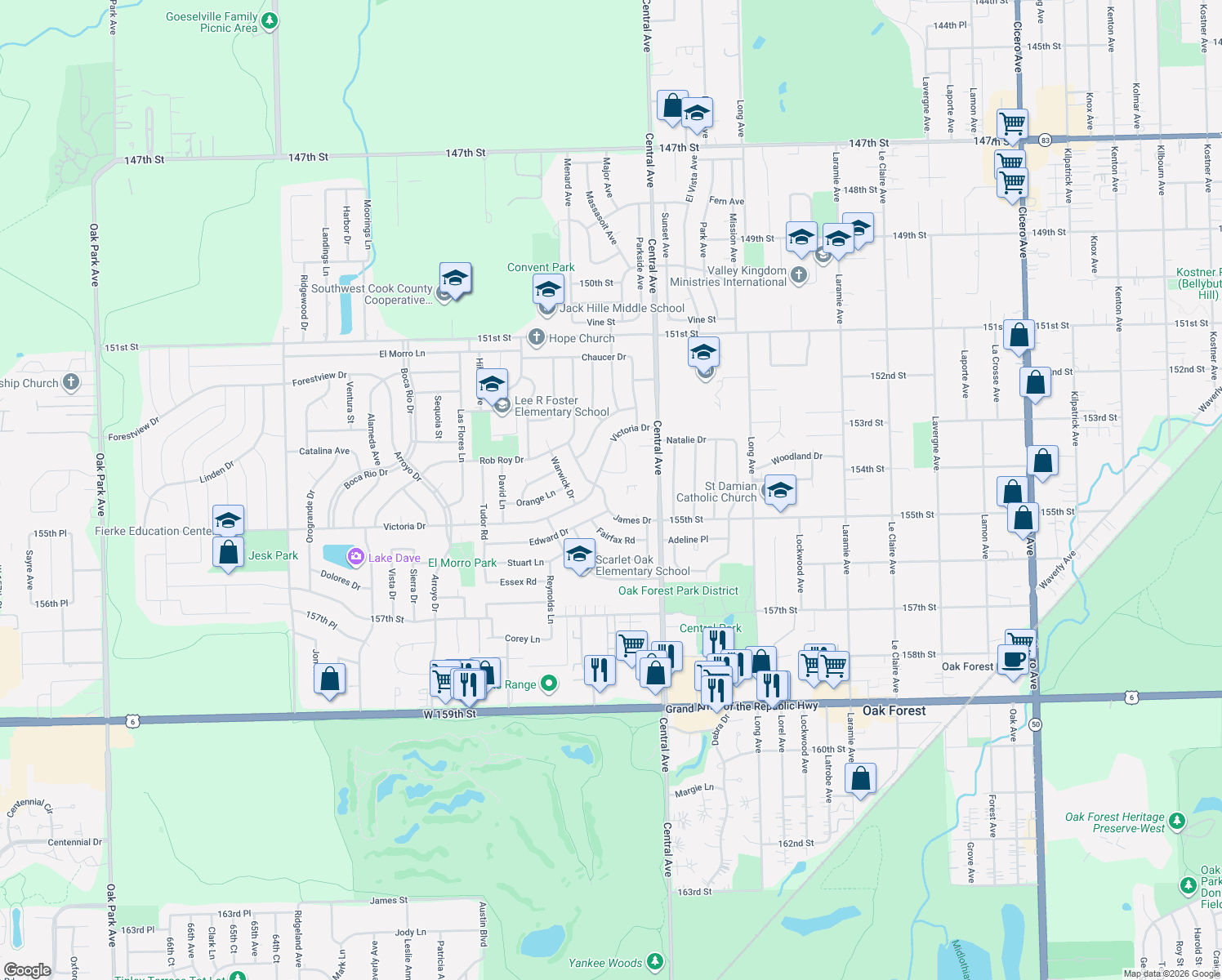 map of restaurants, bars, coffee shops, grocery stores, and more near 15409 James Drive in Oak Forest