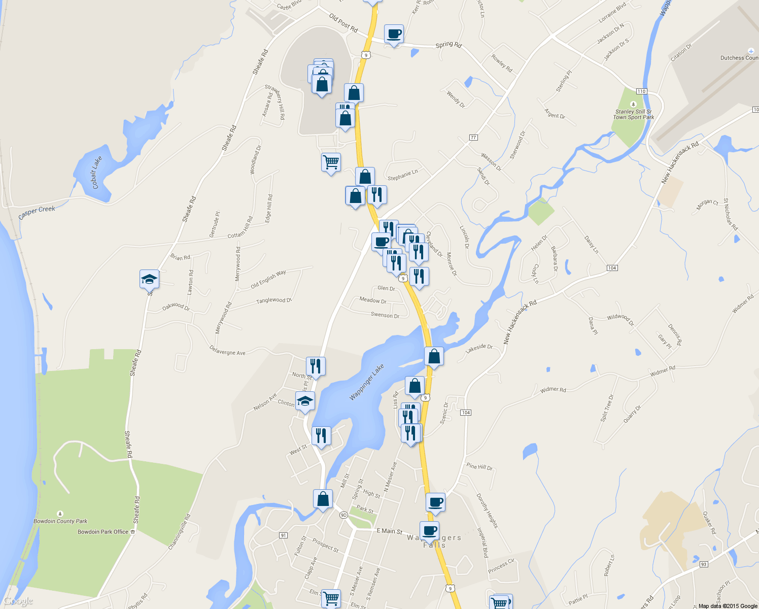 map of restaurants, bars, coffee shops, grocery stores, and more near 26 Meadow Dr in Wappingers Falls