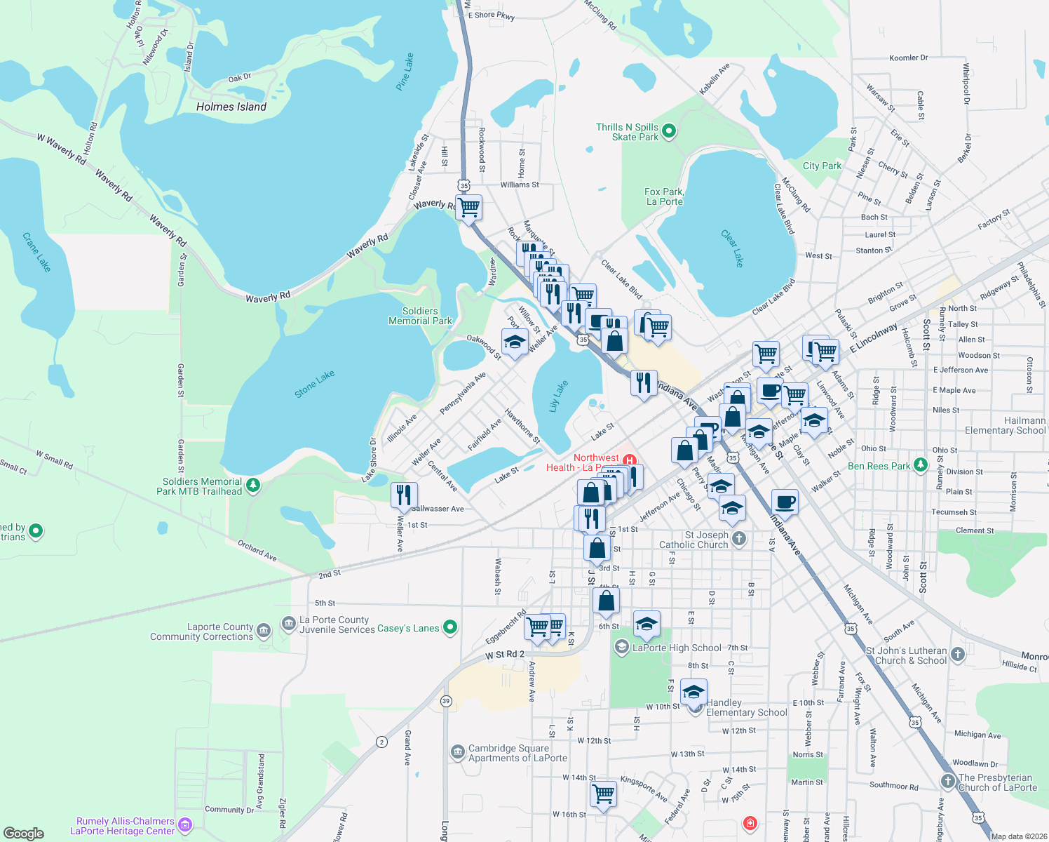 map of restaurants, bars, coffee shops, grocery stores, and more near 371 Hawthorne Street in La Porte
