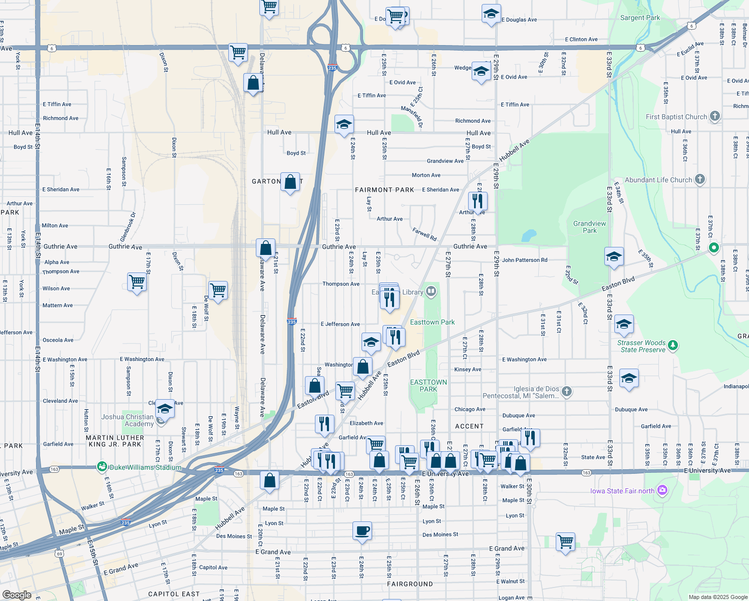 map of restaurants, bars, coffee shops, grocery stores, and more near 1924 E 25th St in Des Moines