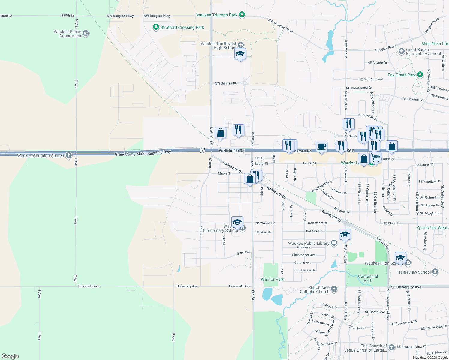 map of restaurants, bars, coffee shops, grocery stores, and more near 825 Walnut St in Waukee