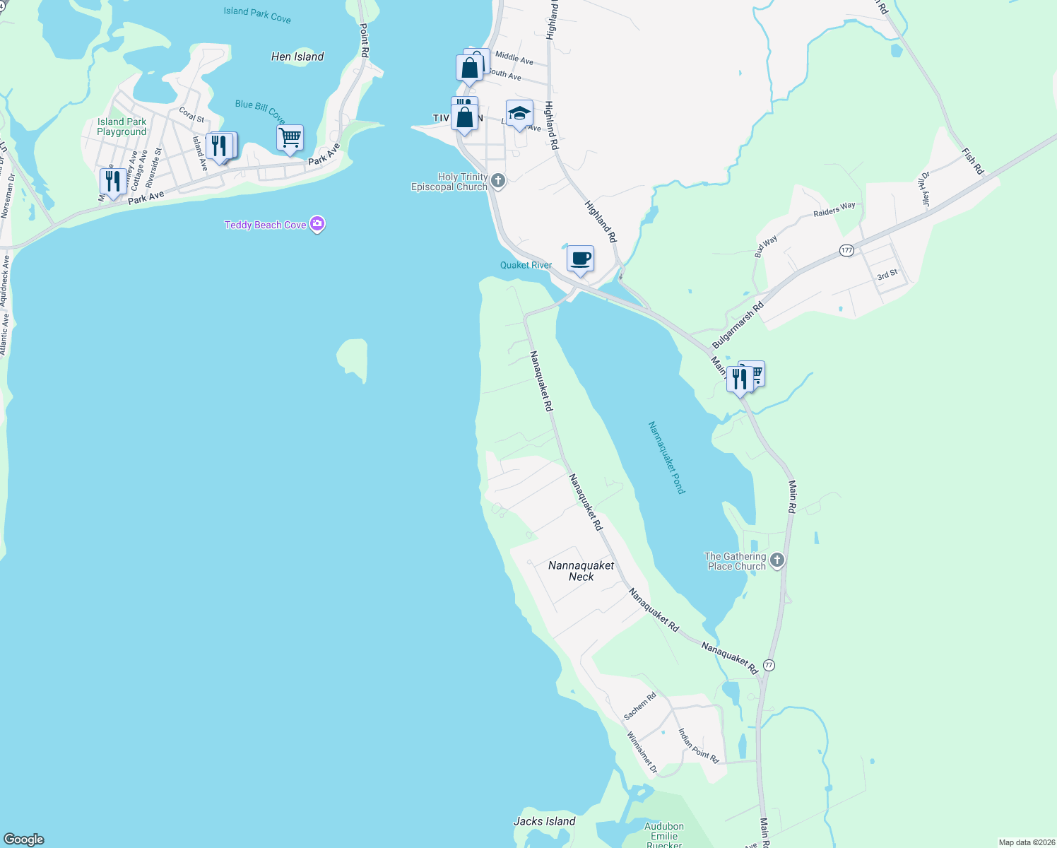 map of restaurants, bars, coffee shops, grocery stores, and more near 219 Nanaquaket Rd in Tiverton