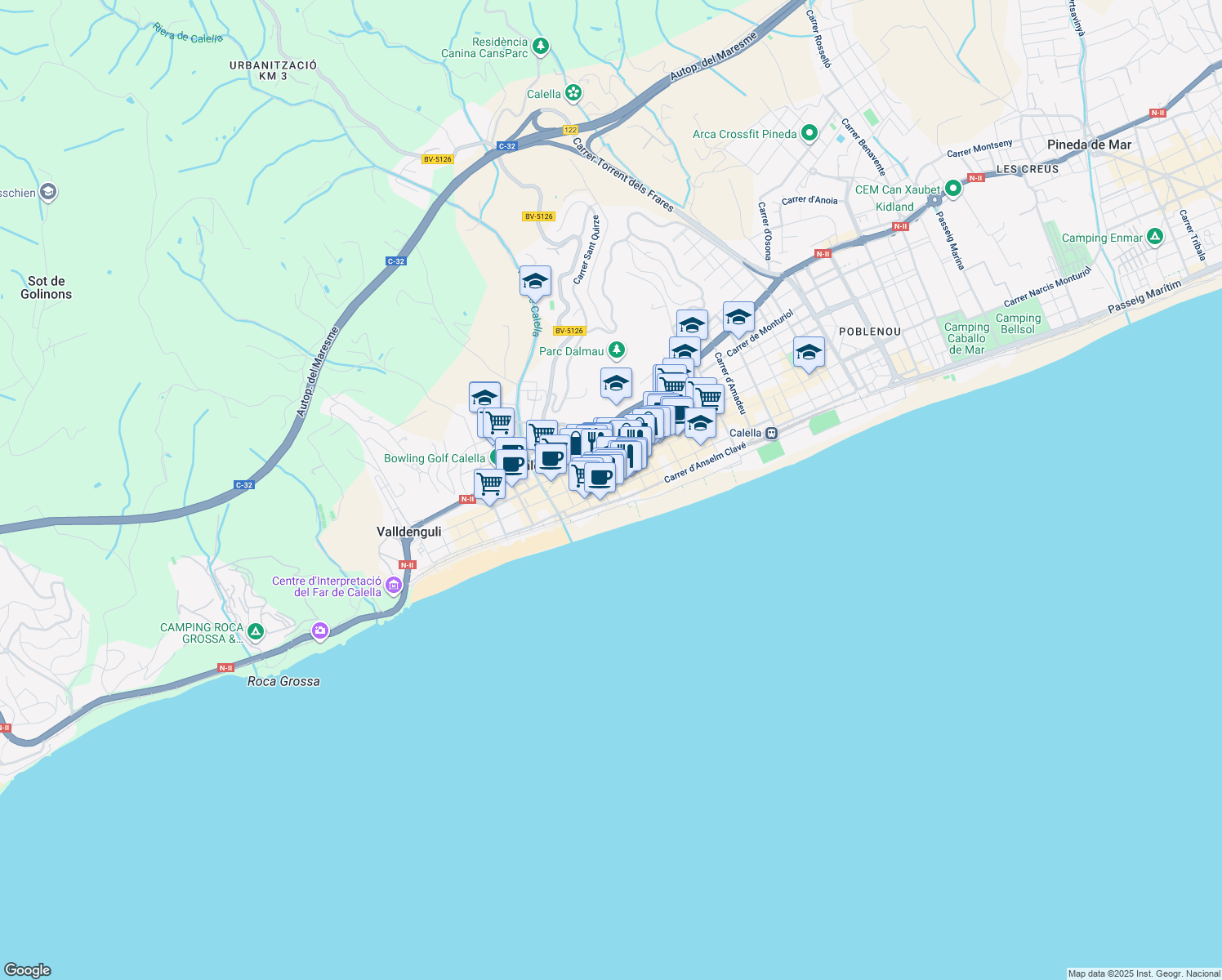 map of restaurants, bars, coffee shops, grocery stores, and more near 75 Carrer de Jovara in Calella
