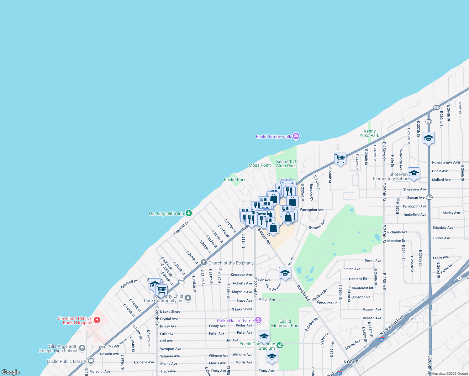 map of restaurants, bars, coffee shops, grocery stores, and more near 25 East 221st Street in Euclid