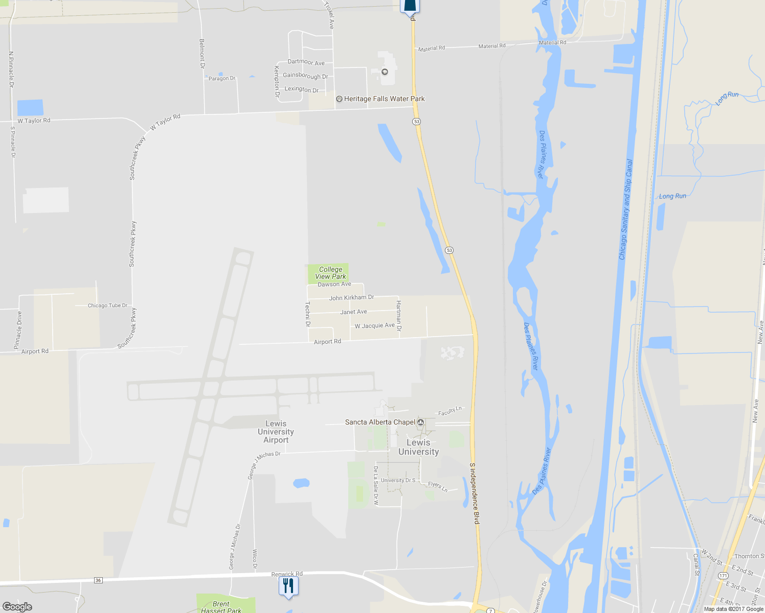 map of restaurants, bars, coffee shops, grocery stores, and more near 19122 Janet Avenue in Romeoville