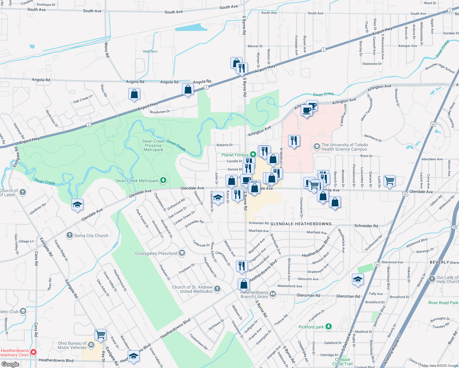 map of restaurants, bars, coffee shops, grocery stores, and more near 3604 Glendale Ave in Toledo
