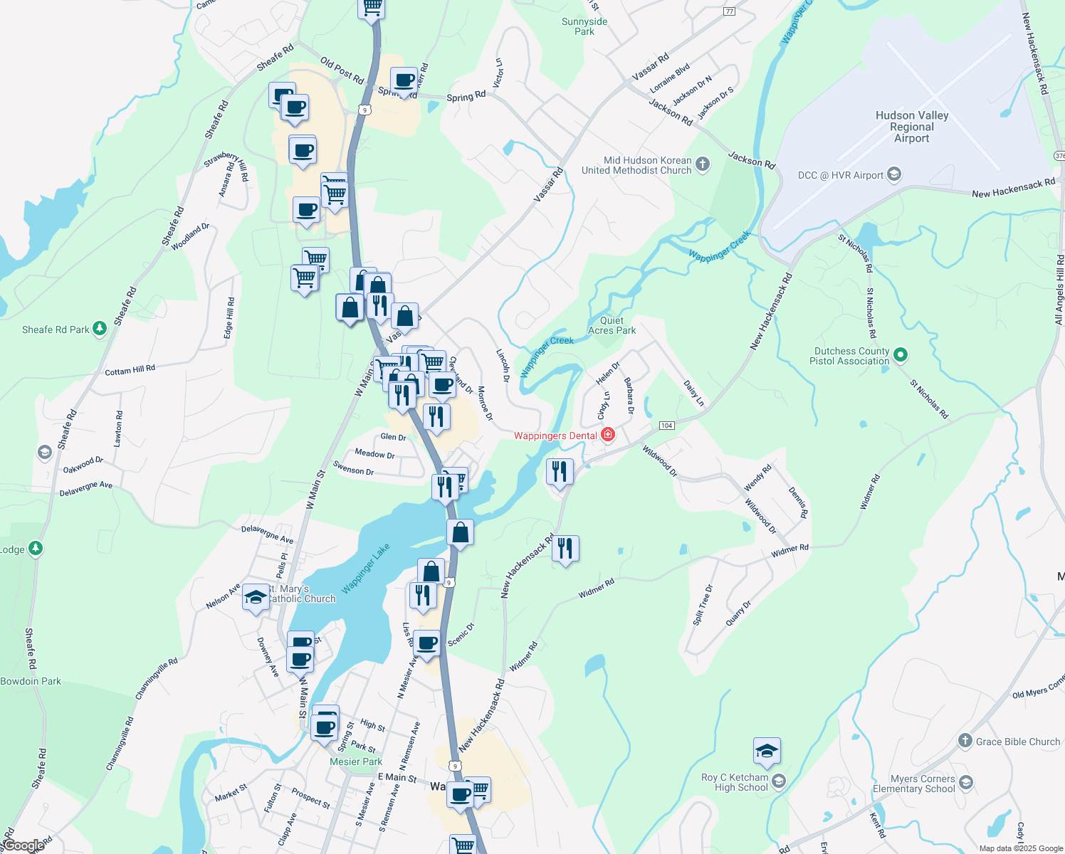 map of restaurants, bars, coffee shops, grocery stores, and more near 39 Monroe Dr in Poughkeepsie