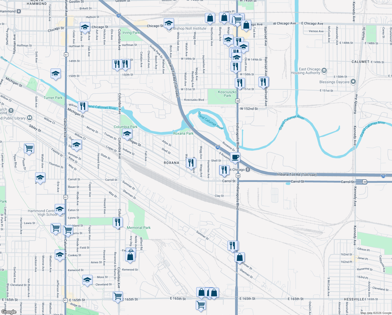 map of restaurants, bars, coffee shops, grocery stores, and more near 5531 Reading Avenue in East Chicago