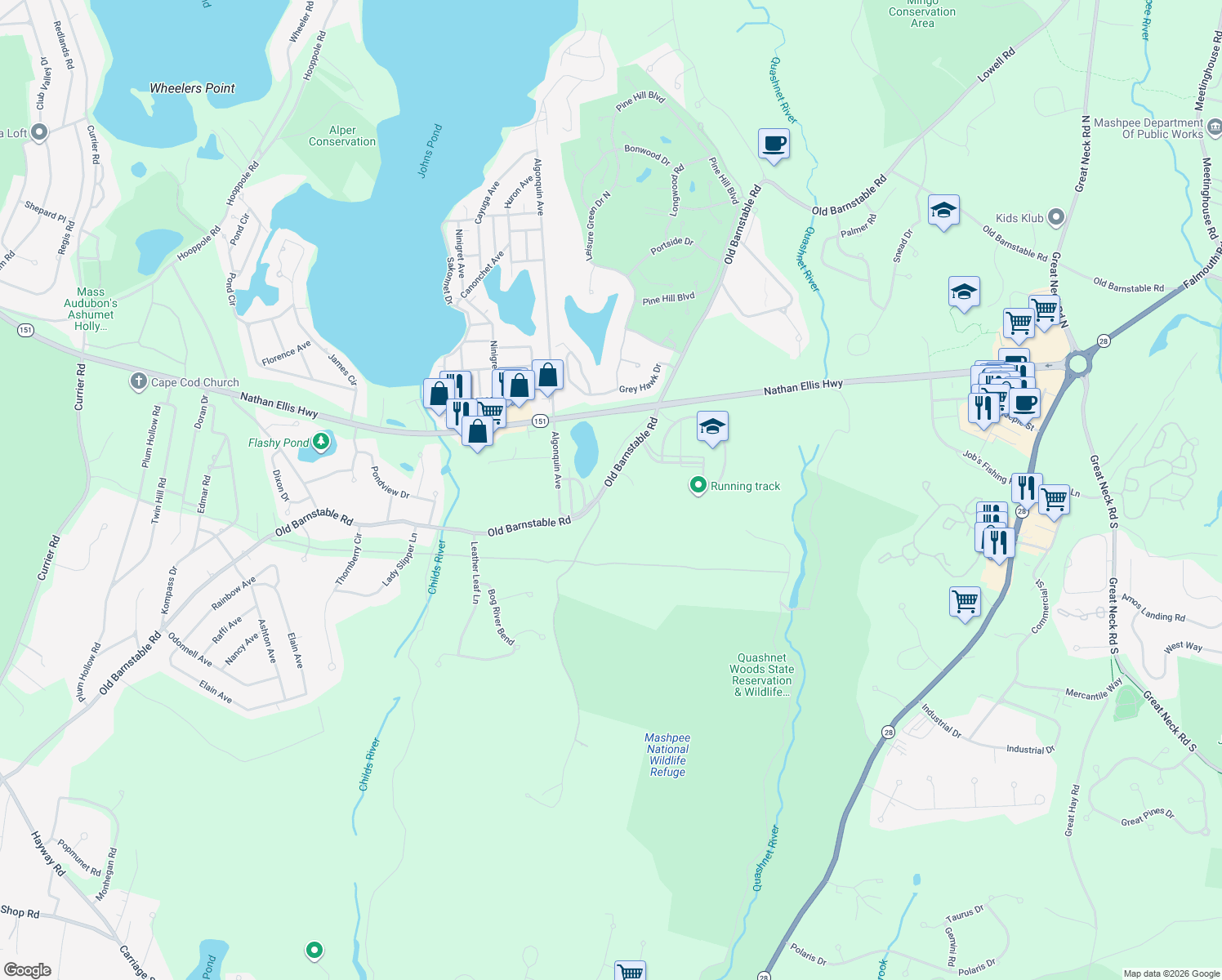 map of restaurants, bars, coffee shops, grocery stores, and more near Bates Rd in Mashpee