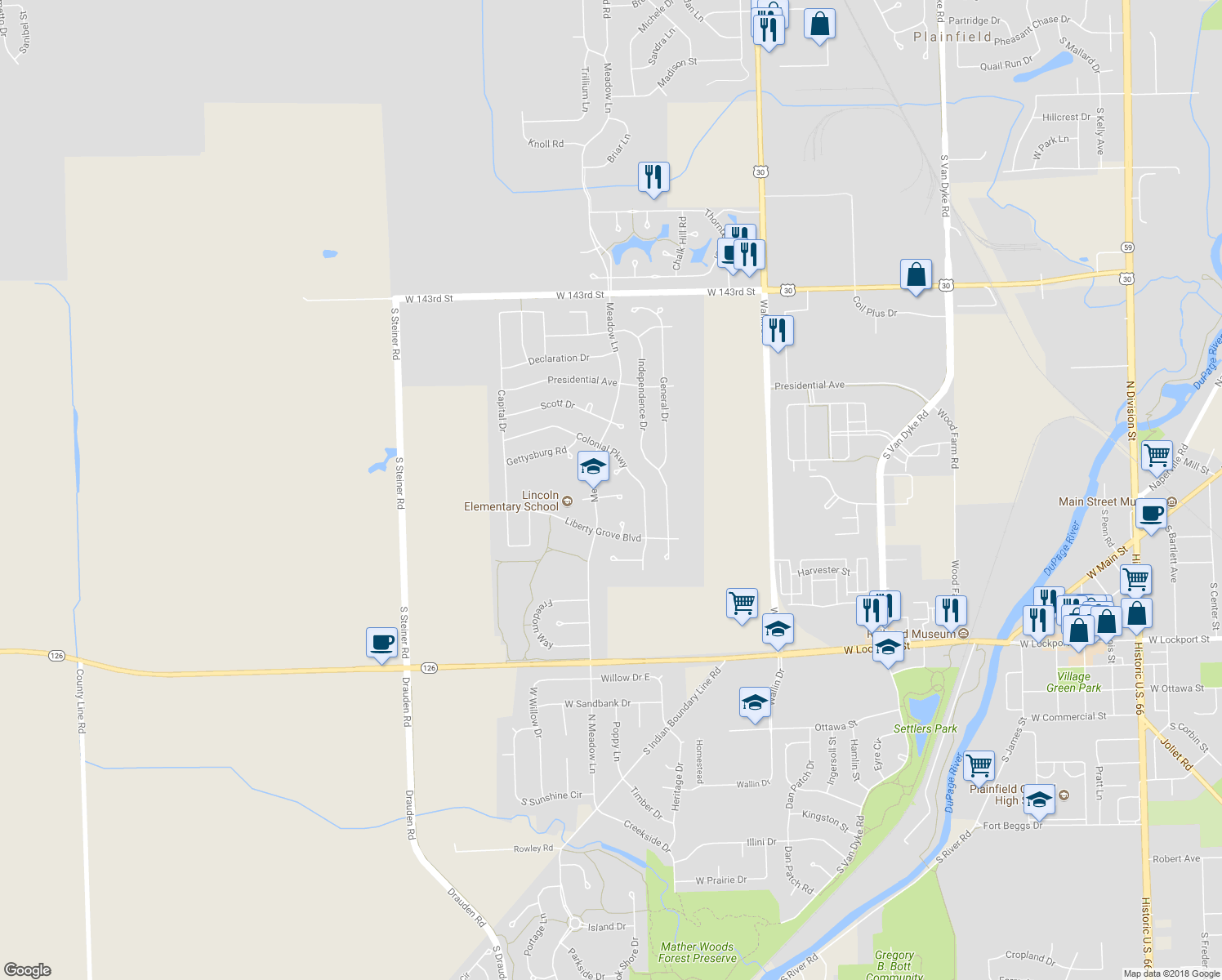 map of restaurants, bars, coffee shops, grocery stores, and more near 25148 Constitution Court in Plainfield