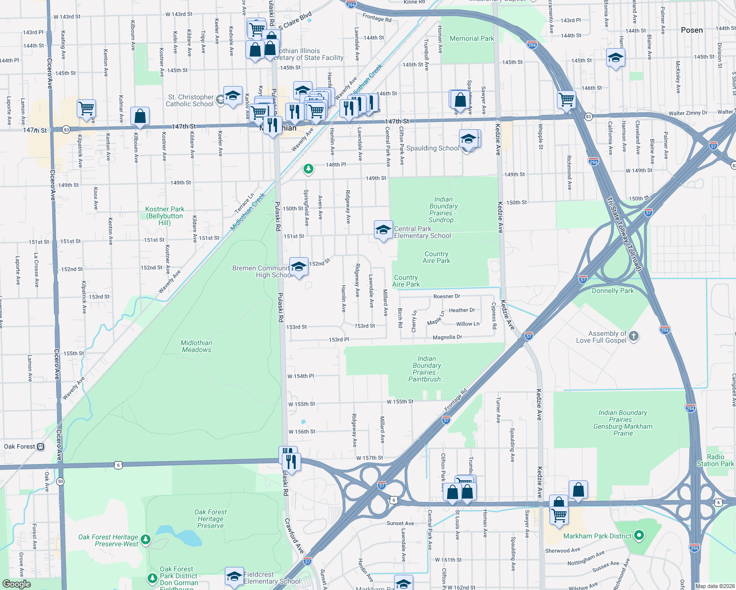 map of restaurants, bars, coffee shops, grocery stores, and more near 15238 Lawndale Avenue in Midlothian