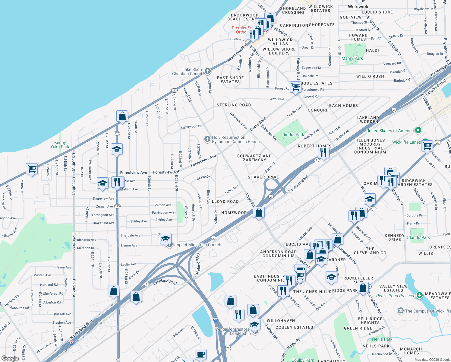 map of restaurants, bars, coffee shops, grocery stores, and more near 2034 Lloyd Ct in Wickliffe