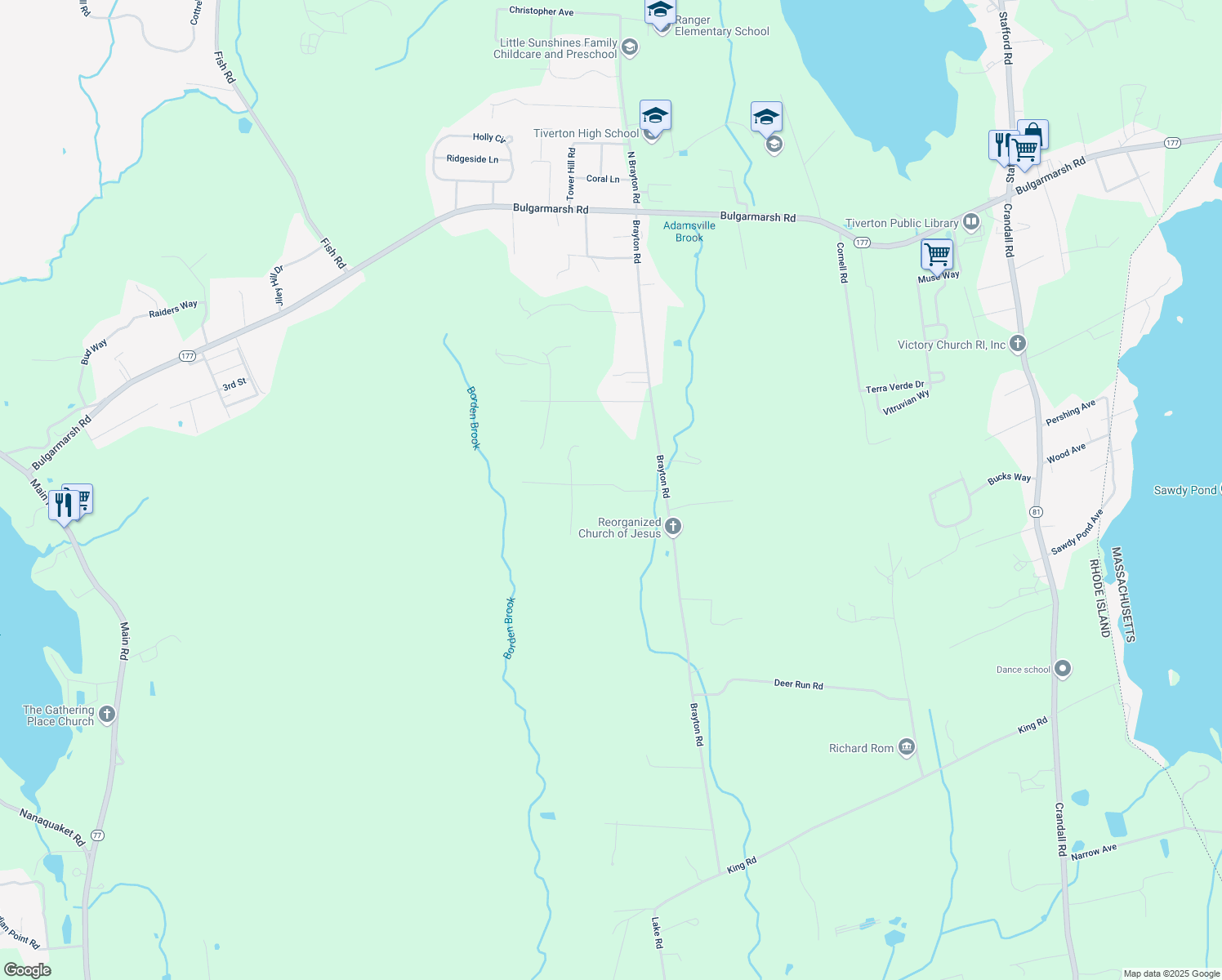 map of restaurants, bars, coffee shops, grocery stores, and more near 71 Furey Avenue in Tiverton