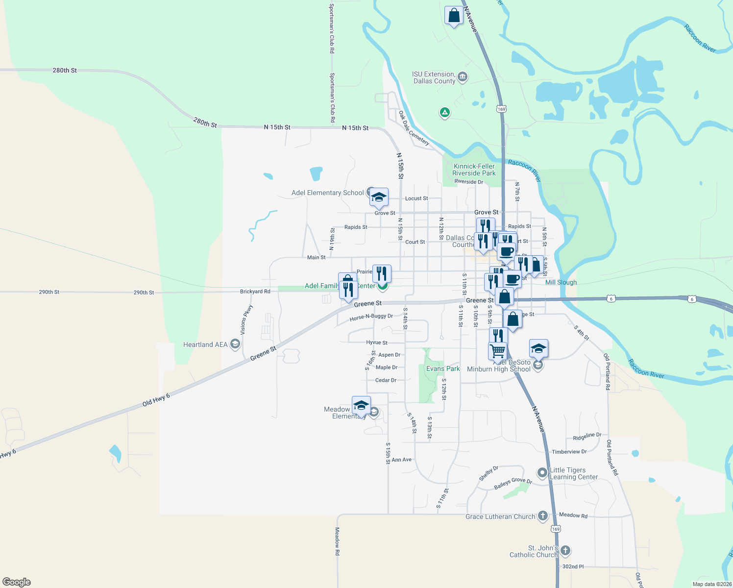 map of restaurants, bars, coffee shops, grocery stores, and more near 1700 Greene Street in Adel