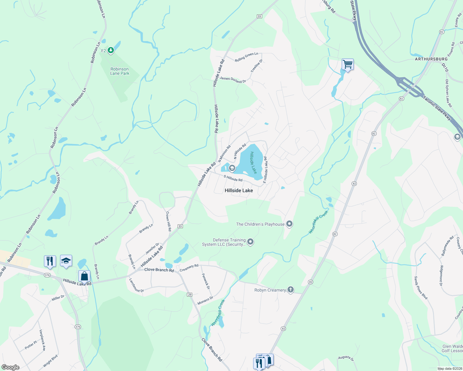 map of restaurants, bars, coffee shops, grocery stores, and more near 649 South Hillside Road in Wappingers Falls