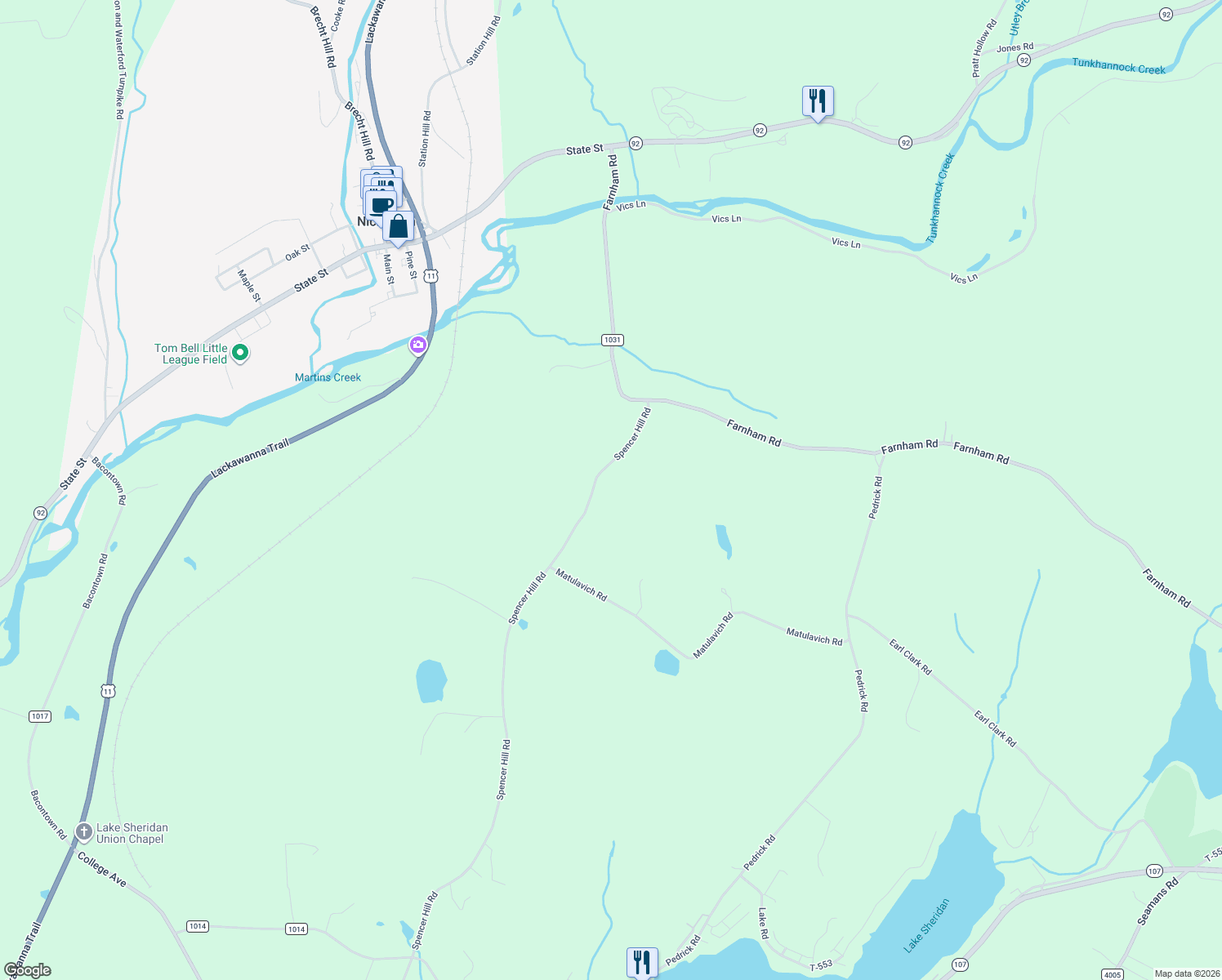 map of restaurants, bars, coffee shops, grocery stores, and more near 672 Spencer Hill Road in Nicholson