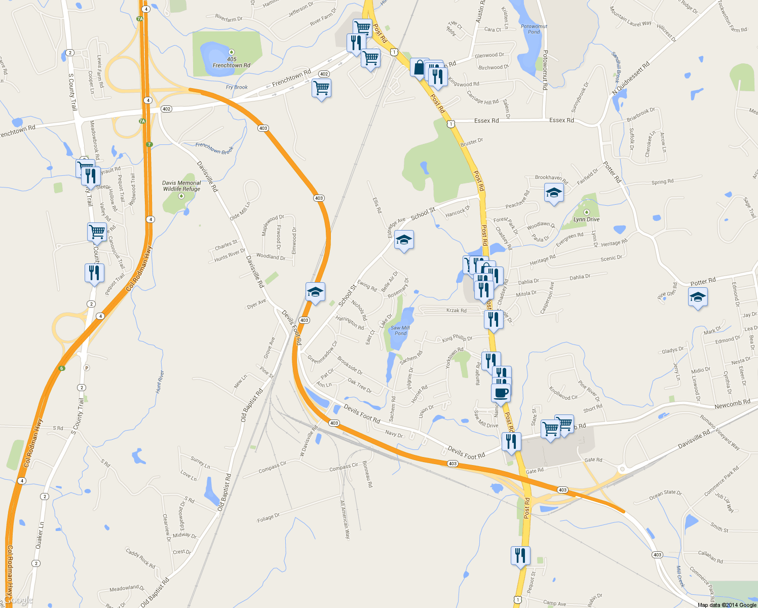 map of restaurants, bars, coffee shops, grocery stores, and more near 87 Ewing Road in North Kingstown