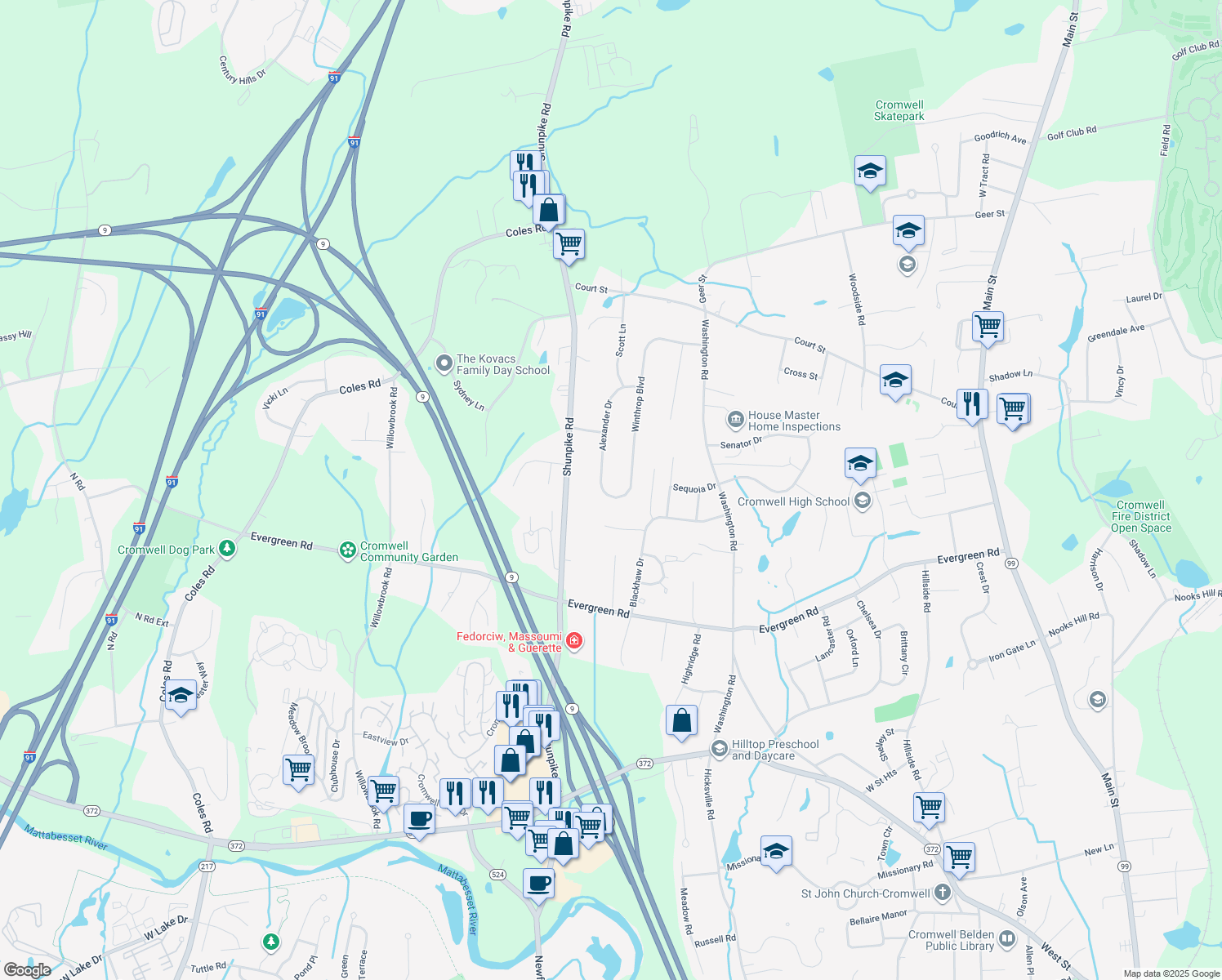 map of restaurants, bars, coffee shops, grocery stores, and more near 1 Winthrop Boulevard in Cromwell