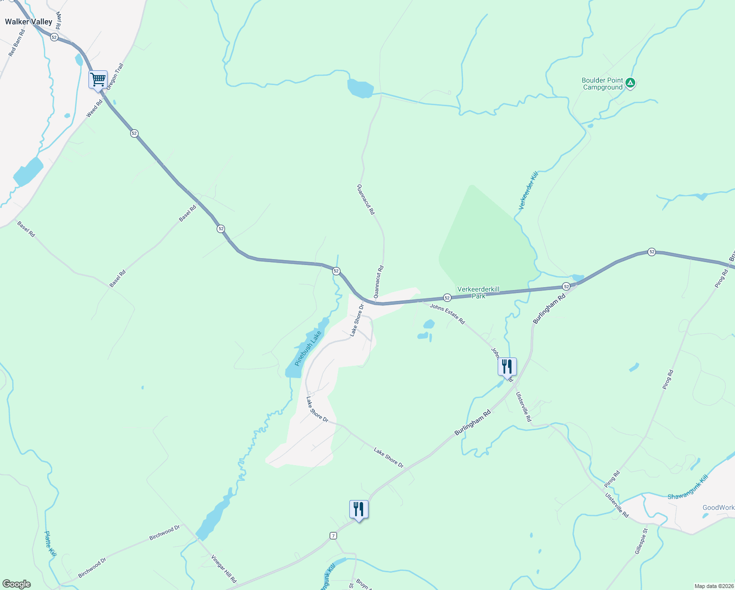 map of restaurants, bars, coffee shops, grocery stores, and more near 3 Quannacut Road in Pine Bush