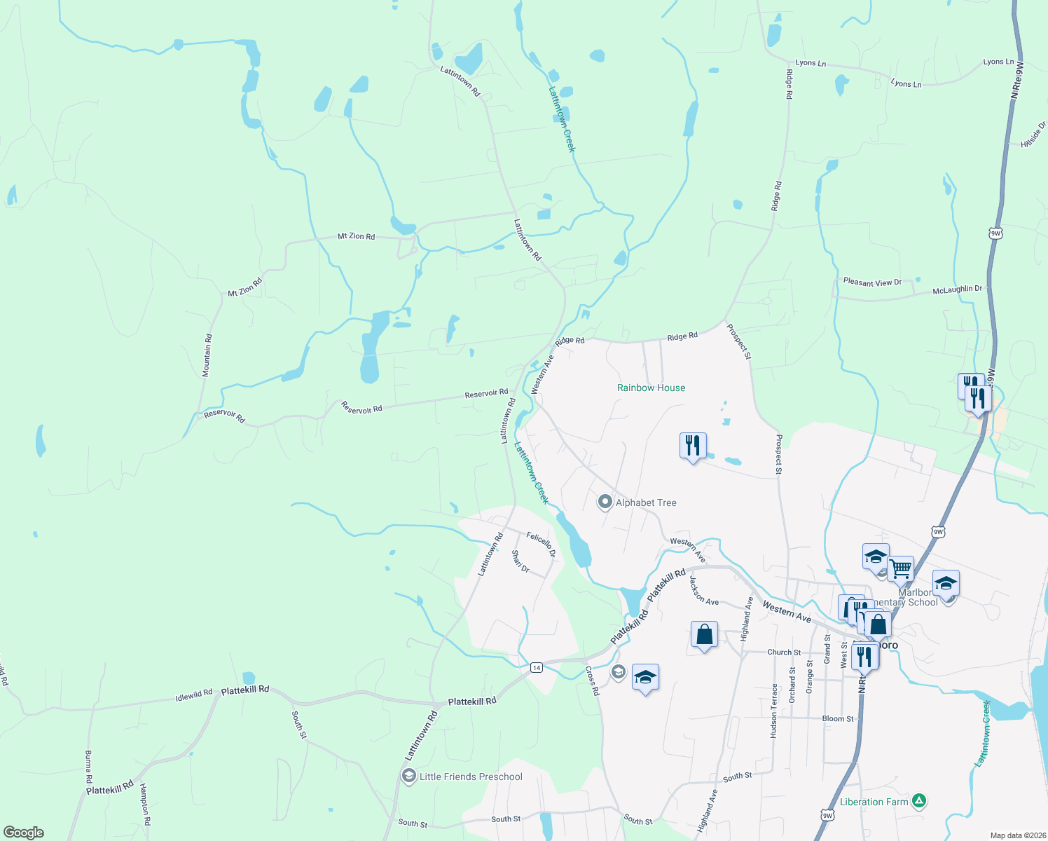 map of restaurants, bars, coffee shops, grocery stores, and more near 10 Albertson Road in Marlboro