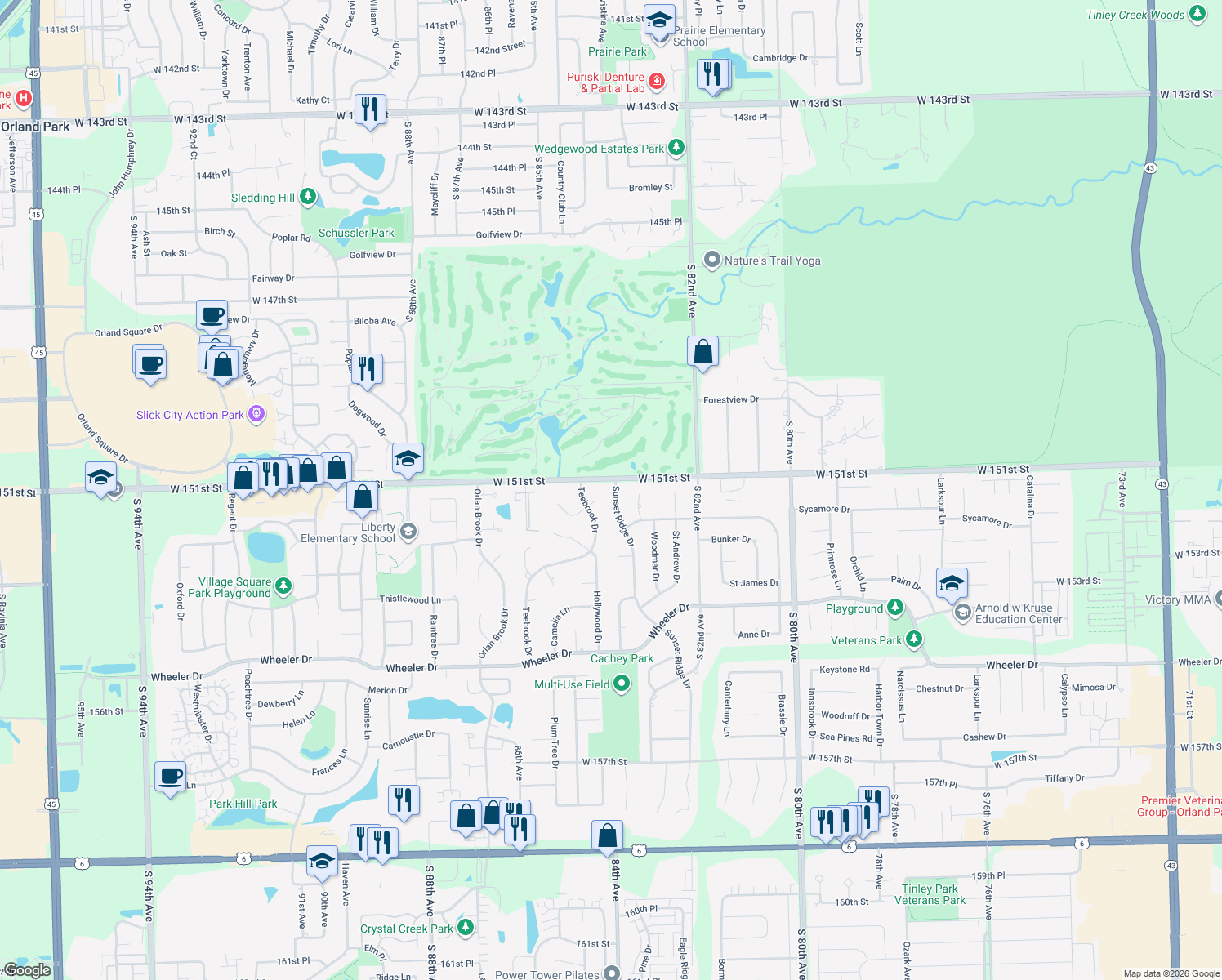 map of restaurants, bars, coffee shops, grocery stores, and more near 15108 Sunset Ridge Drive in Orland Park