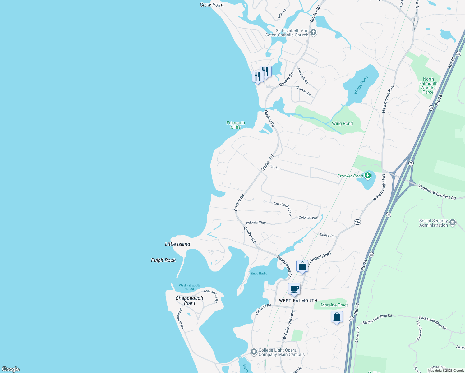 map of restaurants, bars, coffee shops, grocery stores, and more near 29 Nemasket Road in Falmouth